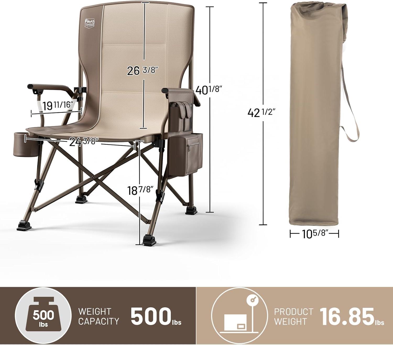 imageTIMBER RIDGE Oversized Folding Camping Chair High Back Heavy Duty for Adults Support up to 500lbs with Cup Holder Side Pocket Cooler Bag 2 PackTan