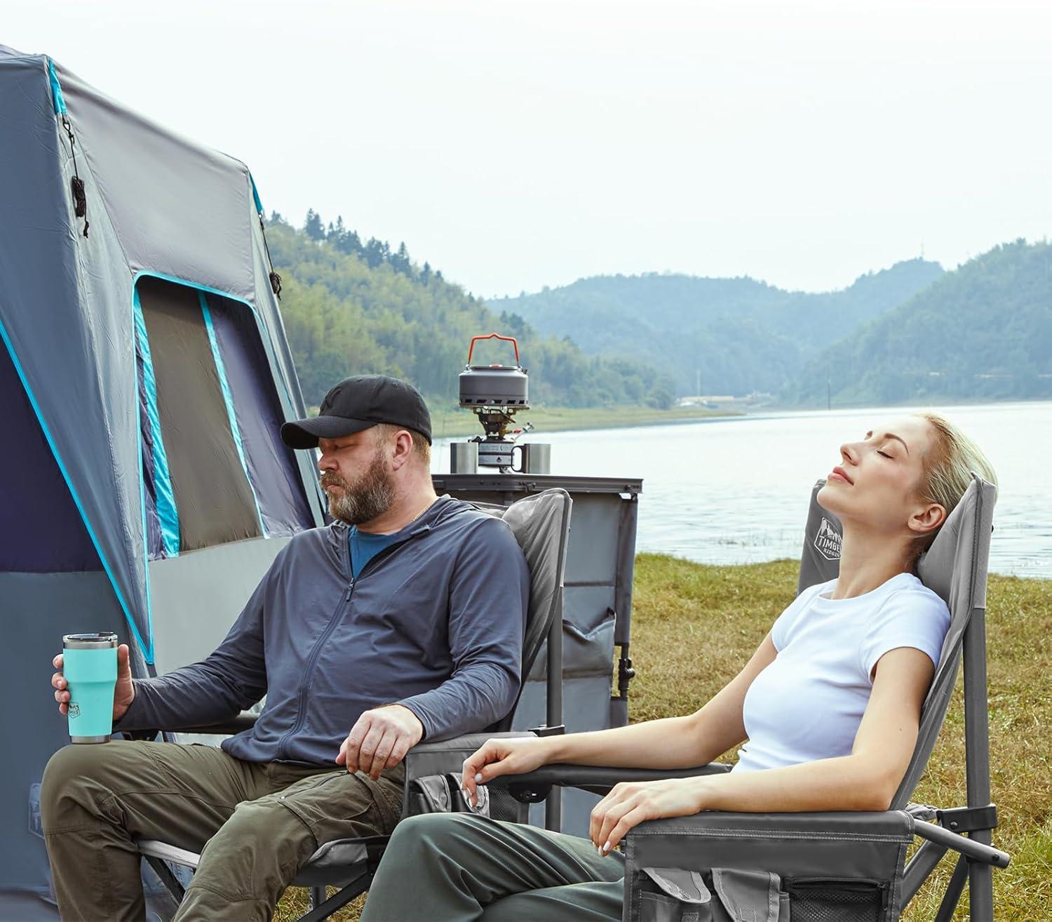 imageTIMBER RIDGE Oversized Folding Camping Chair High Back Heavy Duty for Adults Support up to 500lbs with Cup Holder Side Pocket Cooler Bag 2 PackTan