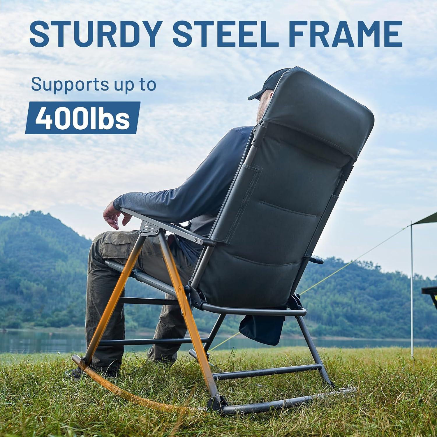 imageTimber Ridge Oversized Folding Rocking Camping Chair Padded Outdoor Rocker with High Back Portable Outdoor Chair for Patio Garden Lawn Supports up to 400 lbs GrayBlue2 Pack