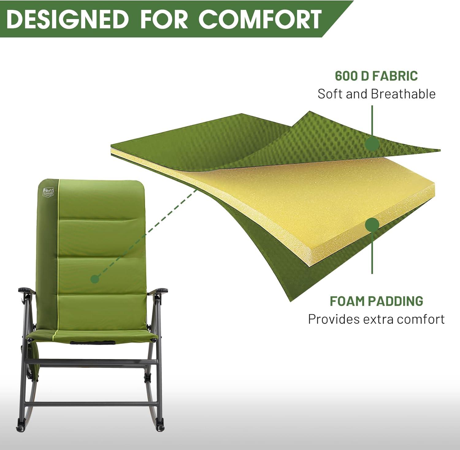 imageTimber Ridge Oversized Folding Rocking Camping Chair Padded Outdoor Rocker with High Back Portable Outdoor Chair for Patio Garden Lawn Supports up to 400 lbs GrayGreen