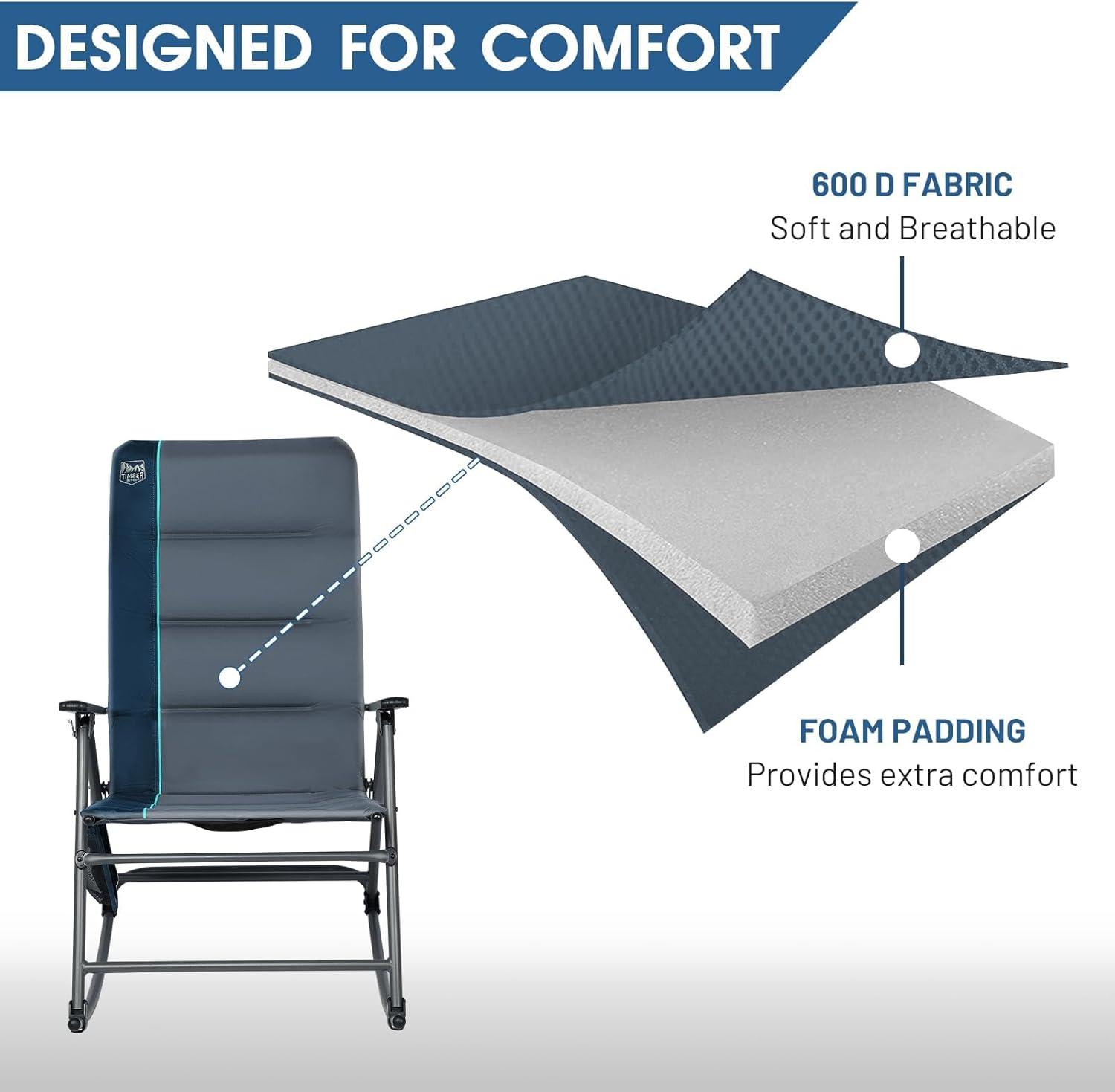 imageTimber Ridge Oversized Folding Rocking Camping Chair Padded Outdoor Rocker with High Back Portable Outdoor Chair for Patio Garden Lawn Supports up to 400 lbs GrayBlue
