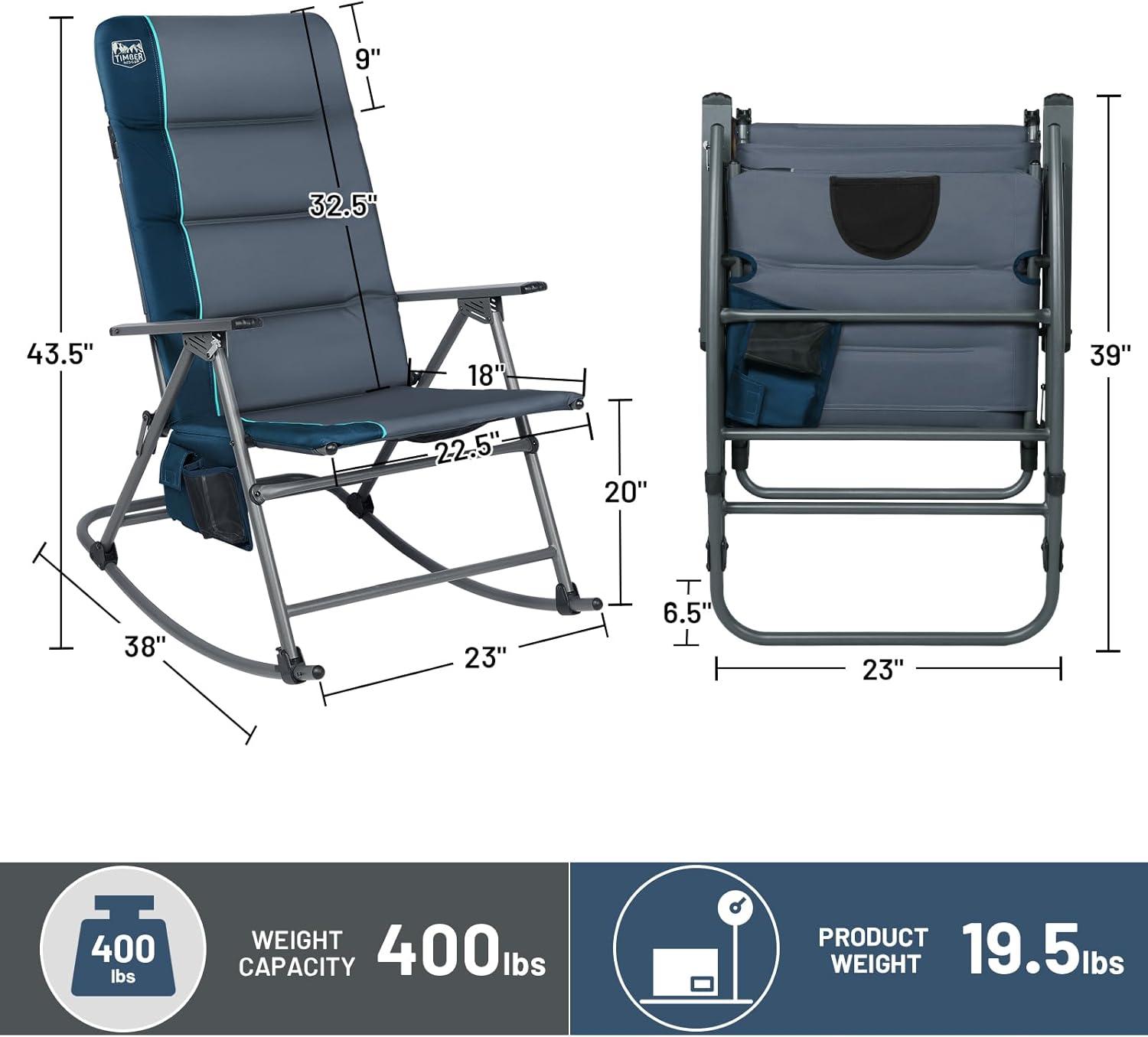 imageTimber Ridge Oversized Folding Rocking Camping Chair Padded Outdoor Rocker with High Back Portable Outdoor Chair for Patio Garden Lawn Supports up to 400 lbs GrayBlue