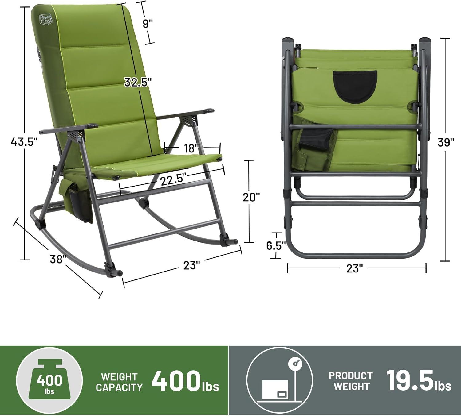 imageTimber Ridge Oversized Folding Rocking Camping Chair Padded Outdoor Rocker with High Back Portable Outdoor Chair for Patio Garden Lawn Supports up to 400 lbs GrayGreen