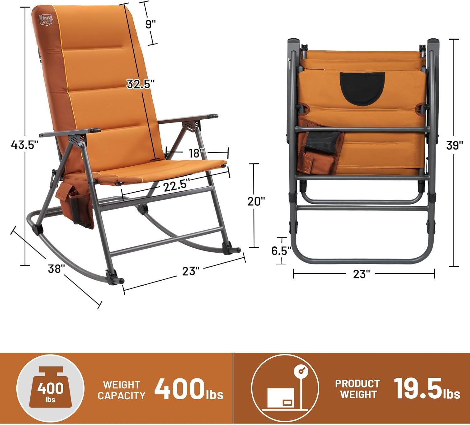imageTimber Ridge Oversized Folding Rocking Camping Chair Padded Outdoor Rocker with High Back Portable Outdoor Chair for Patio Garden Lawn Supports up to 400 lbs GrayOrange