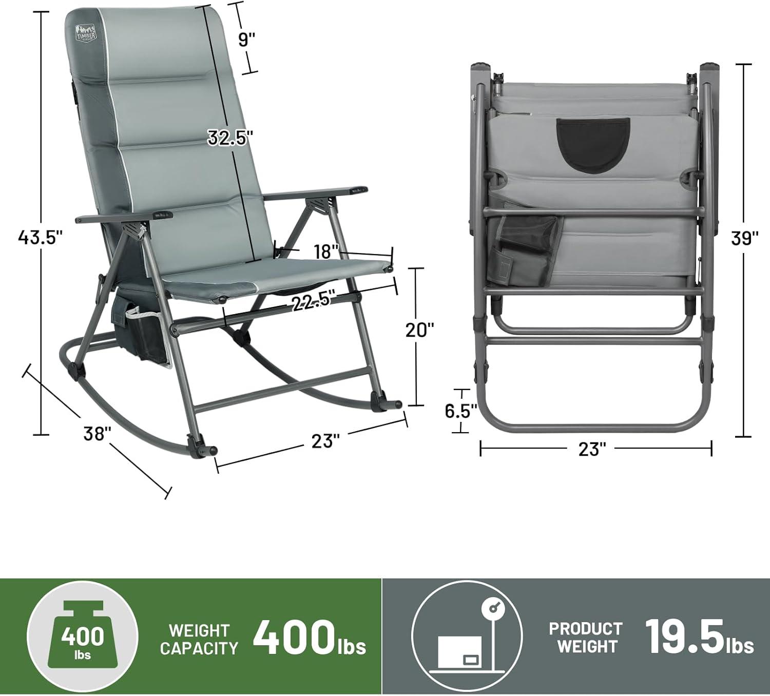 imageTimber Ridge Oversized Folding Rocking Camping Chair Padded Outdoor Rocker with High Back Portable Outdoor Chair for Patio Garden Lawn Supports up to 400 lbs GrayGrey2 Pack