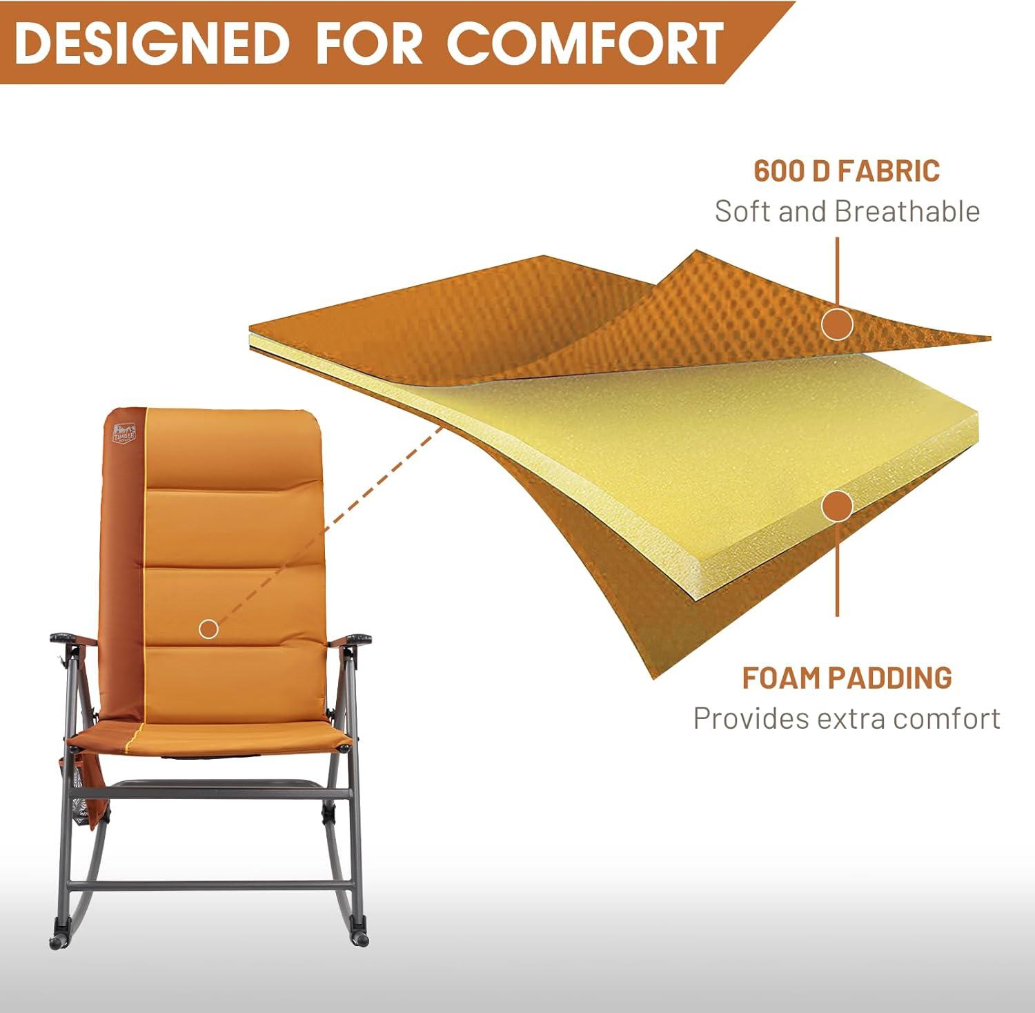 imageTimber Ridge Oversized Folding Rocking Camping Chair Padded Outdoor Rocker with High Back Portable Outdoor Chair for Patio Garden Lawn Supports up to 400 lbs GrayOrange