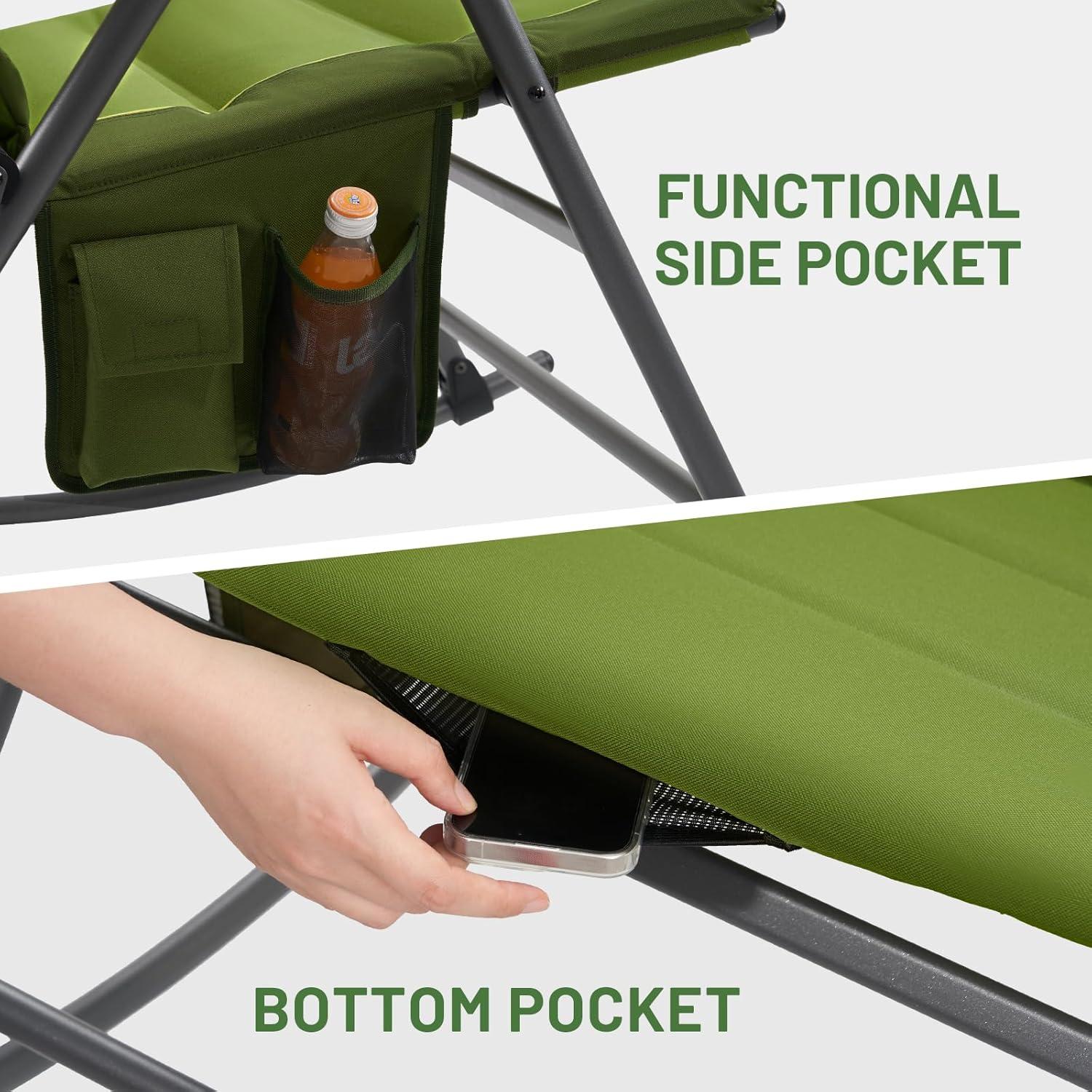 imageTimber Ridge Oversized Folding Rocking Camping Chair Padded Outdoor Rocker with High Back Portable Outdoor Chair for Patio Garden Lawn Supports up to 400 lbs GrayGreen