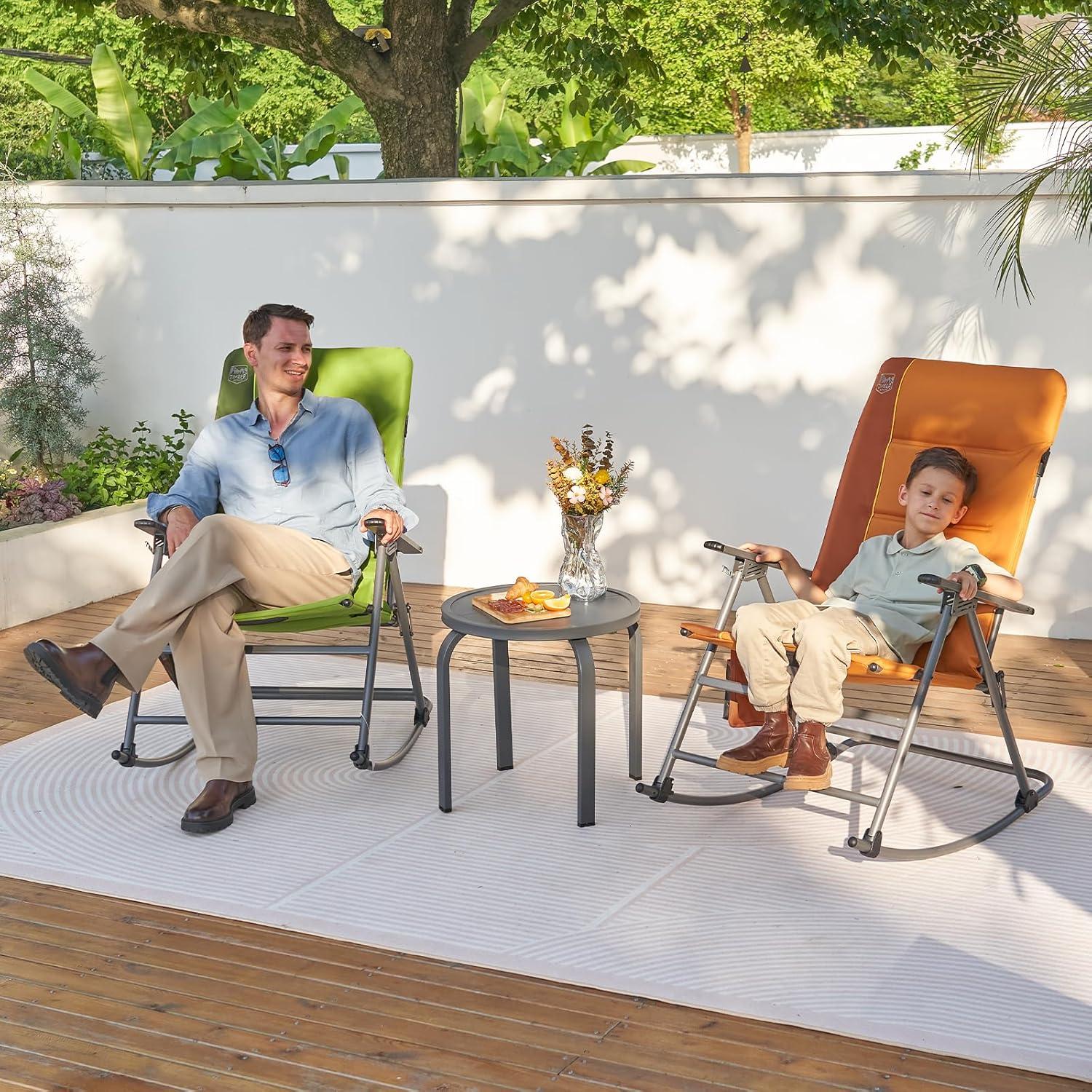 imageTimber Ridge Oversized Folding Rocking Camping Chair Padded Outdoor Rocker with High Back Portable Outdoor Chair for Patio Garden Lawn Supports up to 400 lbs GrayOrange