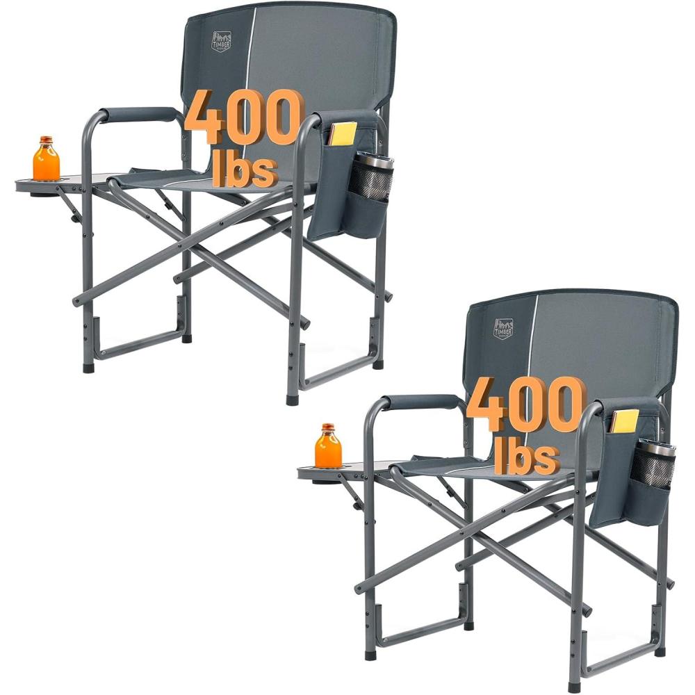 imageTIMBER RIDGE Aluminum Oversized Camping Chair Lightweight Portable Directors Chair with Side Table Detachable Side Pocket for Outdoor Camping Lawn Picnic Support 400lbs BlackGrey2 Set