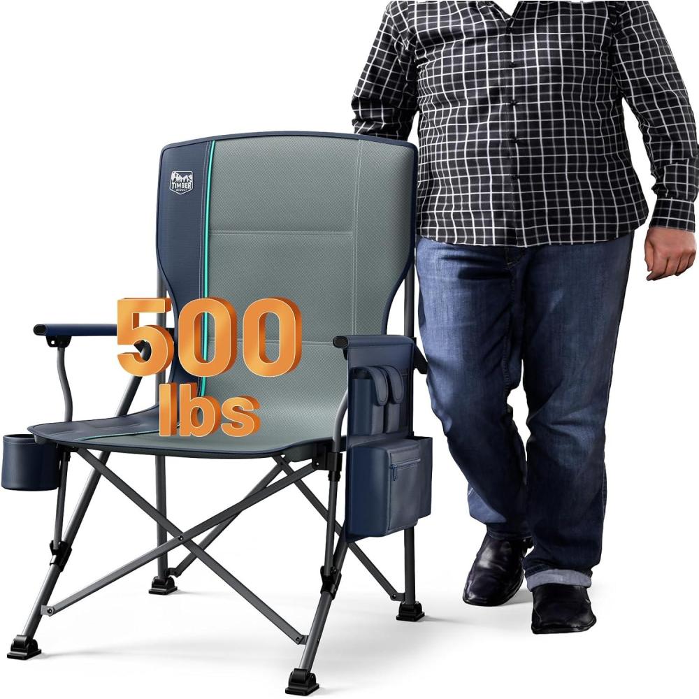 imageTIMBER RIDGE Oversized Folding Camping Chair High Back Heavy Duty for Adults Support up to 500lbs with Cup Holder Side Pocket Cooler Bag 2 PackBlue