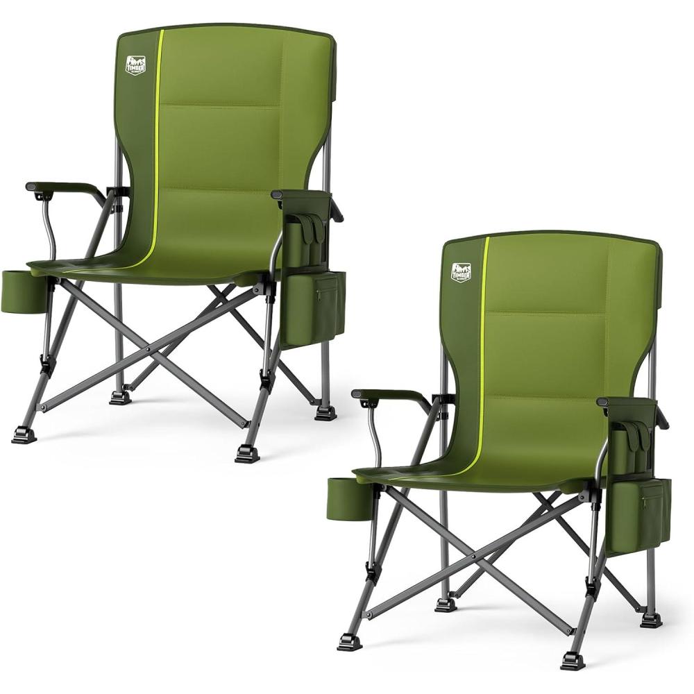 imageTIMBER RIDGE Oversized Folding Camping Chair High Back Heavy Duty for Adults Support up to 500lbs with Cup Holder Side Pocket Cooler Bag 2 PackGreen 2 Set