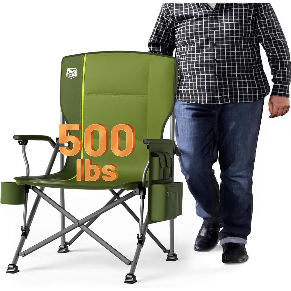 imageTIMBER RIDGE Oversized Folding Camping Chair High Back Heavy Duty for Adults Support up to 500lbs with Cup Holder Side Pocket Cooler Bag 2 PackGreen