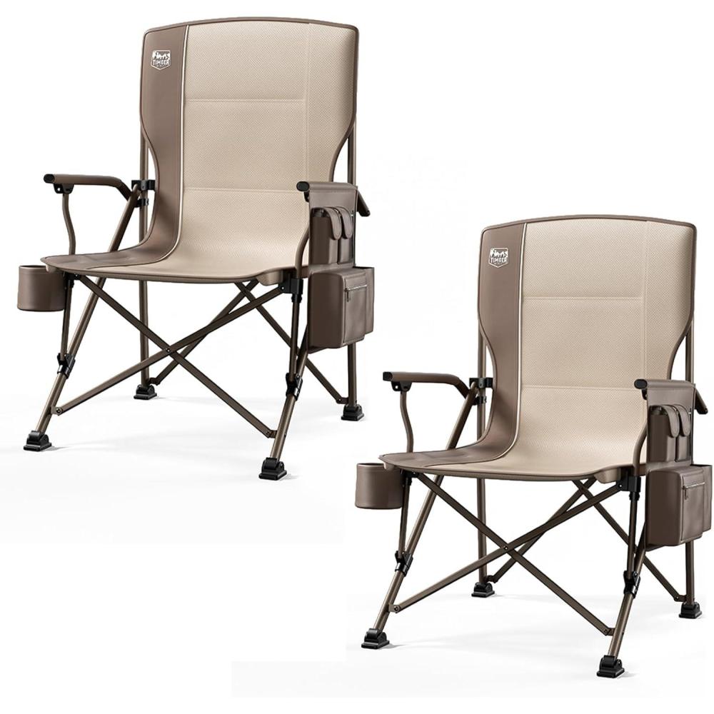 imageTIMBER RIDGE Oversized Folding Camping Chair High Back Heavy Duty for Adults Support up to 500lbs with Cup Holder Side Pocket Cooler Bag 2 PackTan 2 Set