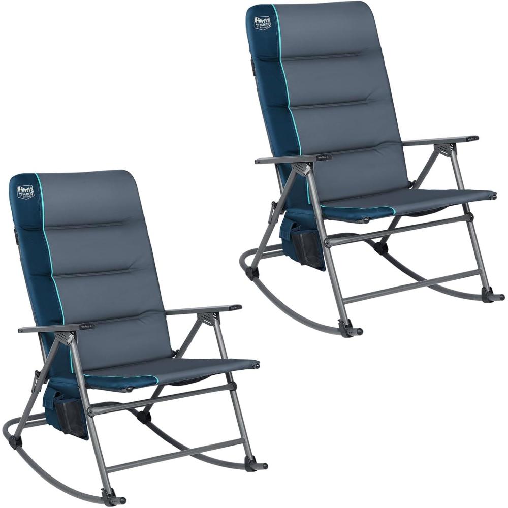 imageTimber Ridge Oversized Folding Rocking Camping Chair Padded Outdoor Rocker with High Back Portable Outdoor Chair for Patio Garden Lawn Supports up to 400 lbs GrayBlue2 Pack