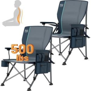imageTIMBER RIDGE Oversized Folding Camping Chair High Back Heavy Duty for Adults Support up to 500lbs with Cup Holder Side Pocket Cooler Bag 2 PackBlue 2 Setlumbar Support