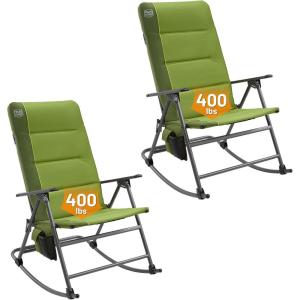 imageTimber Ridge Oversized Folding Rocking Camping Chair Padded Outdoor Rocker with High Back Portable Outdoor Chair for Patio Garden Lawn Supports up to 400 lbs GrayGreen2 Pack