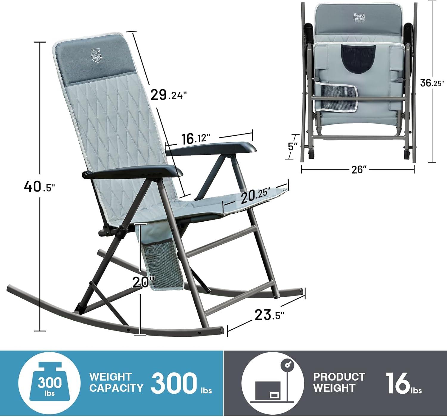 imageTIMBER RIDGE 3Level Adjustable Rocking Camping Chair Padded High Back Outdoor Rocking Chair with Side Pocket Portable Folding Rocker for Adults Supports 300 LBS for Lawn Patio PorchGrey2 Pack