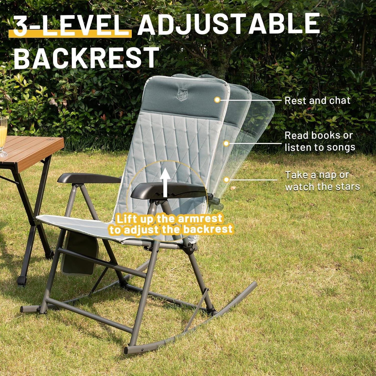 imageTIMBER RIDGE 3Level Adjustable Rocking Camping Chair Padded High Back Outdoor Rocking Chair with Side Pocket Portable Folding Rocker for Adults Supports 300 LBS for Lawn Patio PorchGrey2 Pack