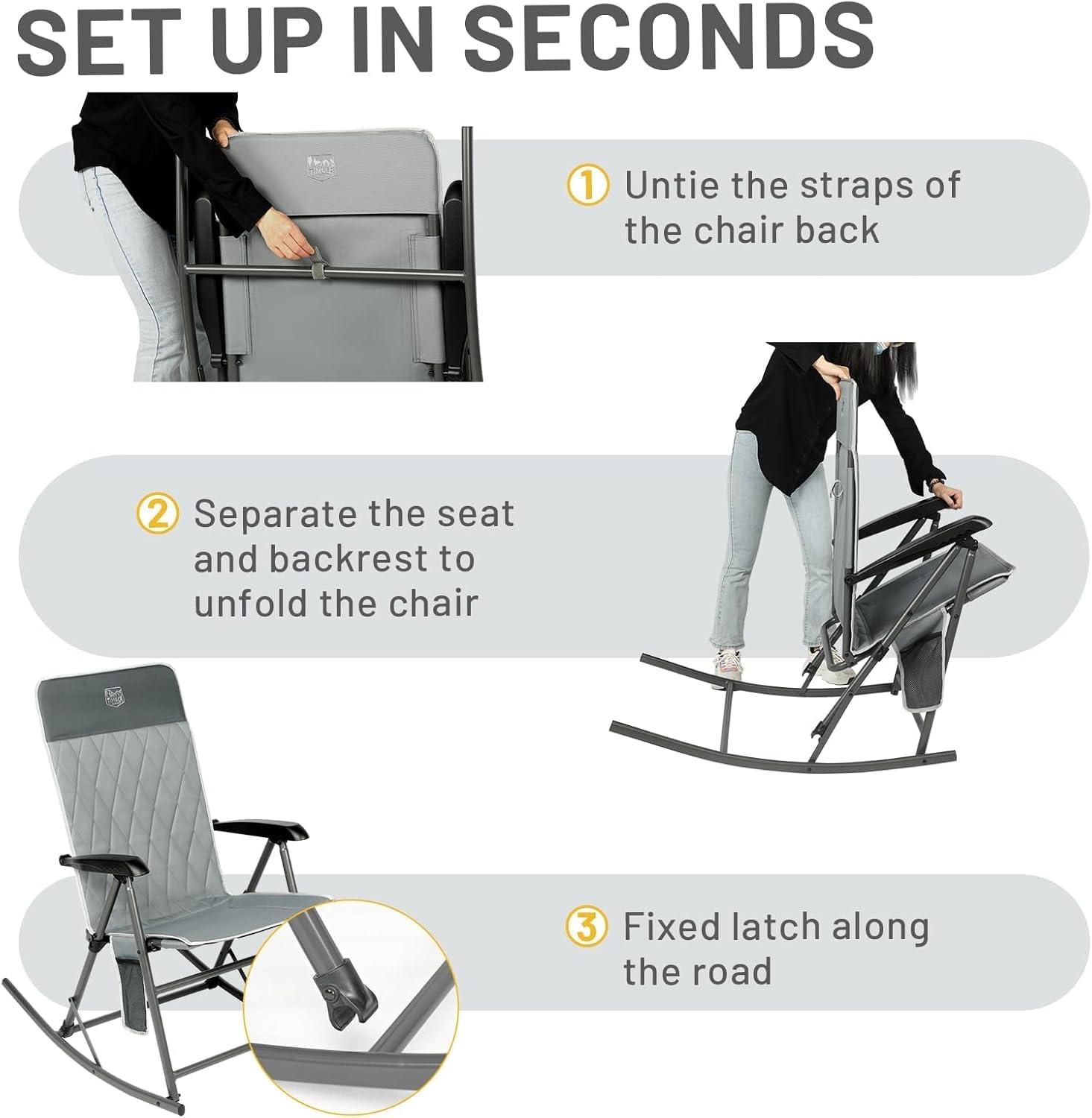 imageTIMBER RIDGE 3Level Adjustable Rocking Camping Chair Padded High Back Outdoor Rocking Chair with Side Pocket Portable Folding Rocker for Adults Supports 300 LBS for Lawn Patio PorchGrey1 Pack