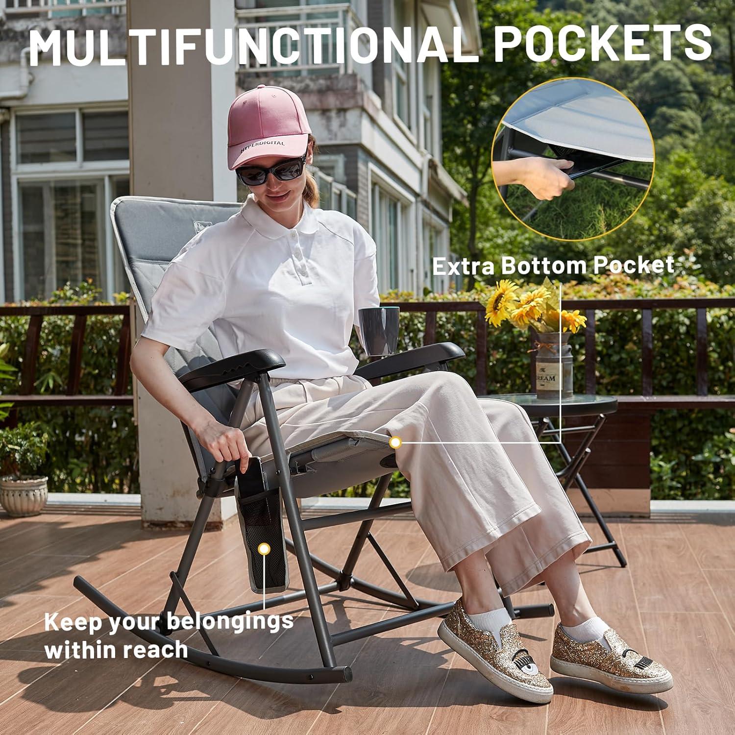 imageTIMBER RIDGE 3Level Adjustable Rocking Camping Chair Padded High Back Outdoor Rocking Chair with Side Pocket Portable Folding Rocker for Adults Supports 300 LBS for Lawn Patio PorchGrey2 Pack