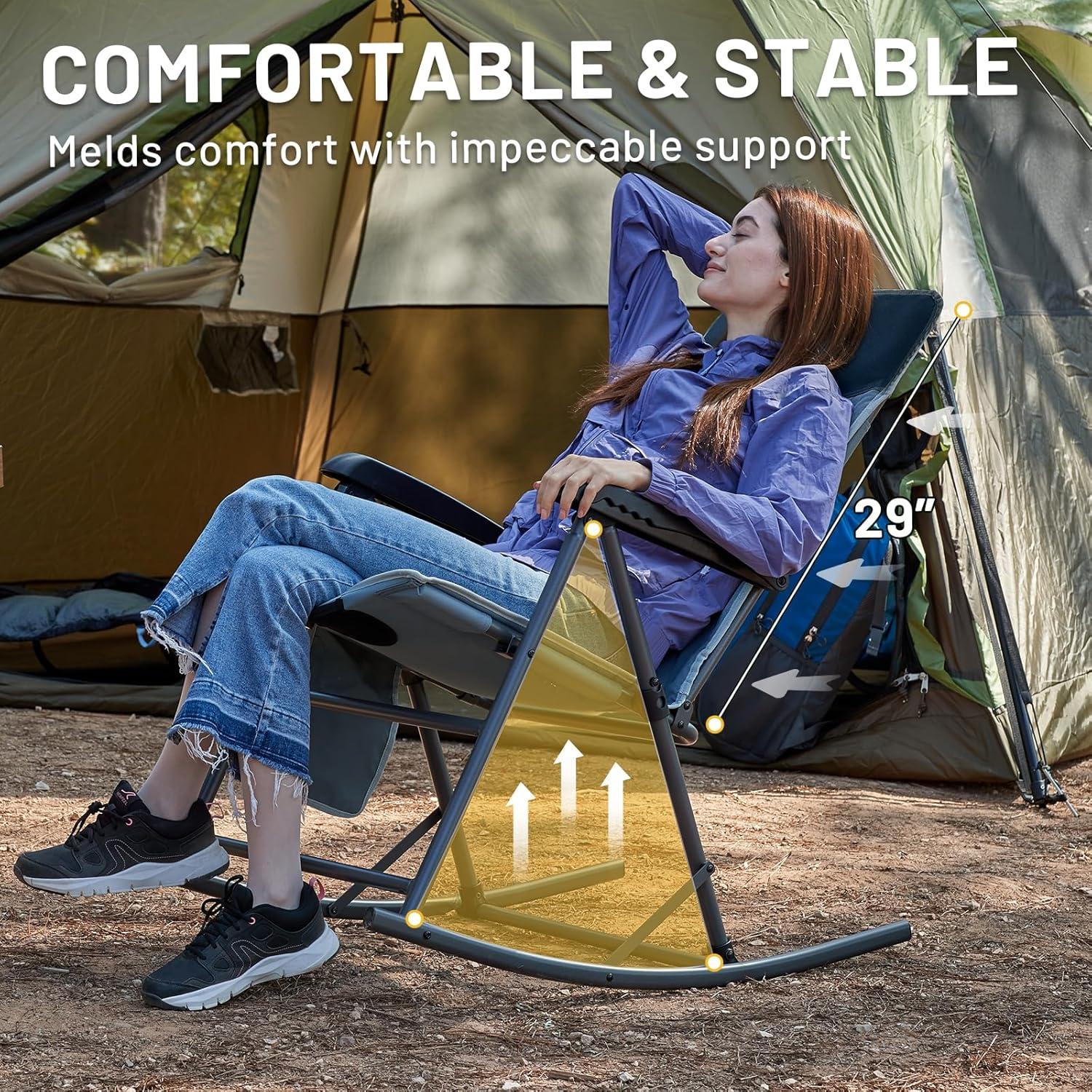 imageTIMBER RIDGE 3Level Adjustable Rocking Camping Chair Padded High Back Outdoor Rocking Chair with Side Pocket Portable Folding Rocker for Adults Supports 300 LBS for Lawn Patio PorchBlue2 Pack