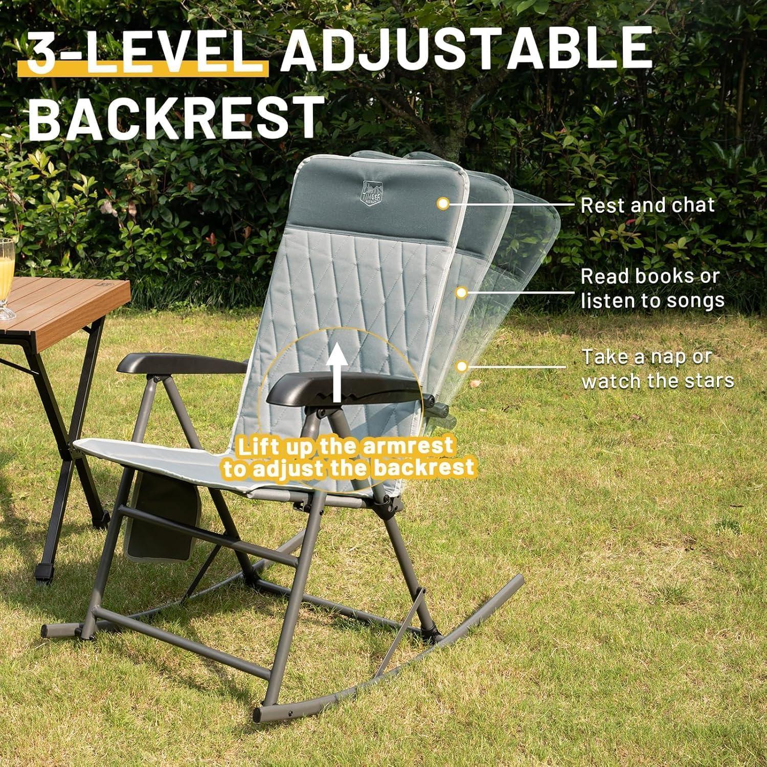 imageTIMBER RIDGE 3Level Adjustable Rocking Camping Chair Padded High Back Outdoor Rocking Chair with Side Pocket Portable Folding Rocker for Adults Supports 300 LBS for Lawn Patio PorchGrey1 Pack