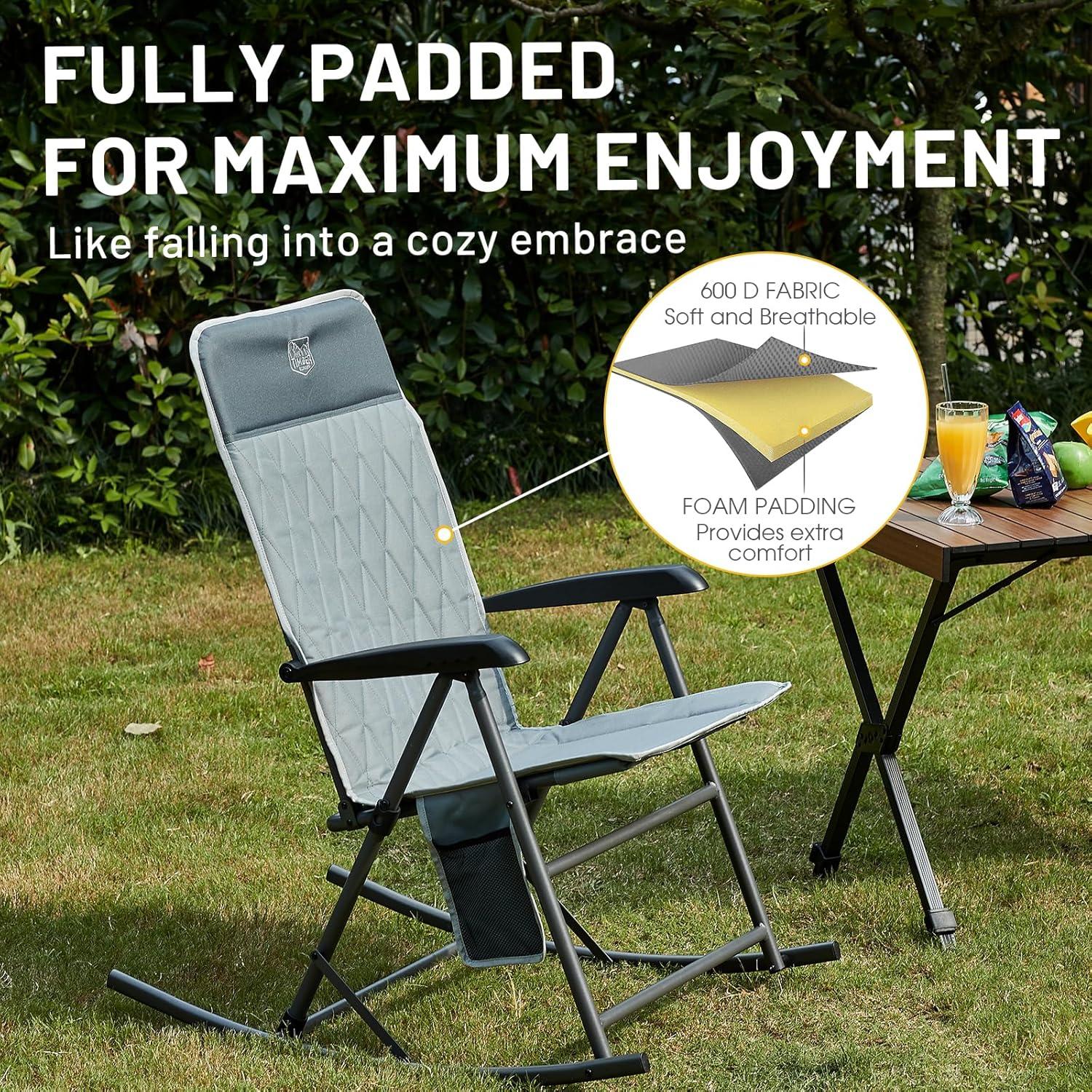 imageTIMBER RIDGE 3Level Adjustable Rocking Camping Chair Padded High Back Outdoor Rocking Chair with Side Pocket Portable Folding Rocker for Adults Supports 300 LBS for Lawn Patio PorchGrey2 Pack