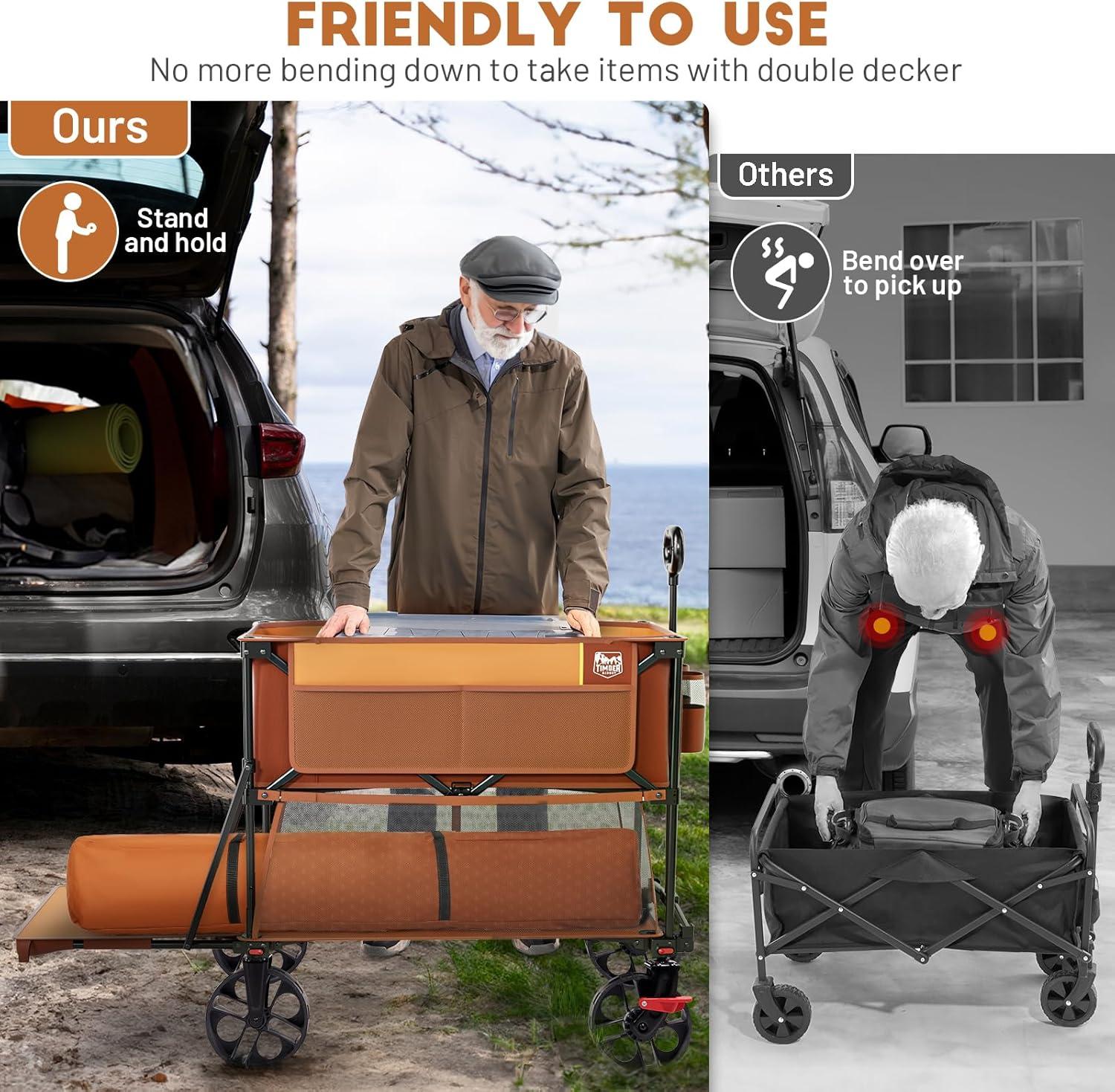 imageTIMBER RIDGE 400L Large Capacity Folding Double Decker Wagon with Brakes 54quot Extra Long Extender Wagon Cart 660lbs Heavy Duty Collapsible Cart AllTerrain Big Wheels for Camping Sports ShoppingOrange With Brakes