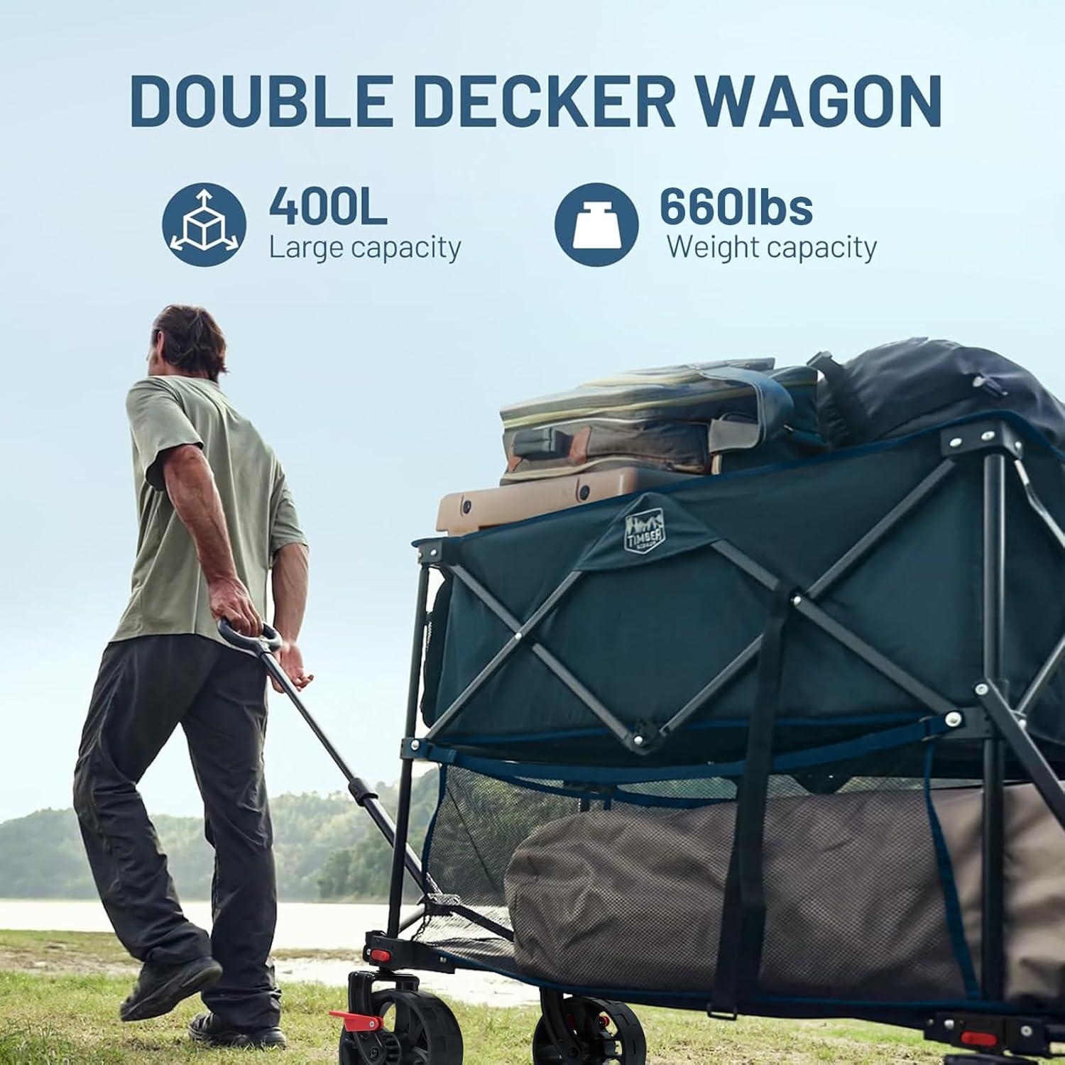imageTIMBER RIDGE 400L Large Capacity Folding Double Decker Wagon with Brakes 54quot Extra Long Extender Wagon Cart 660lbs Heavy Duty Collapsible Cart AllTerrain Big Wheels for Camping Sports ShoppingBlue With Brakes