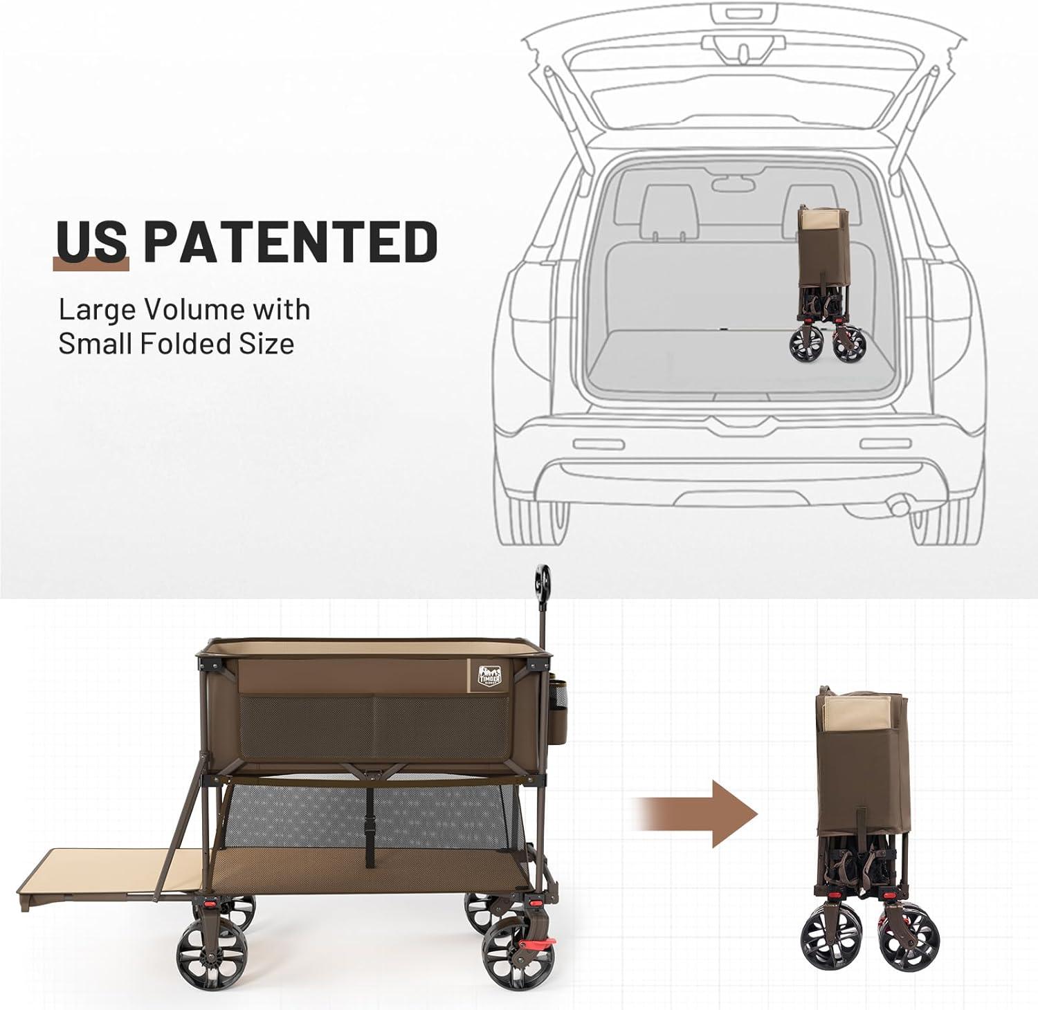 imageTIMBER RIDGE 400L Large Capacity Folding Double Decker Wagon with Brakes 54quot Extra Long Extender Wagon Cart 660lbs Heavy Duty Collapsible Cart AllTerrain Big Wheels for Camping Sports ShoppingTan With Brakes