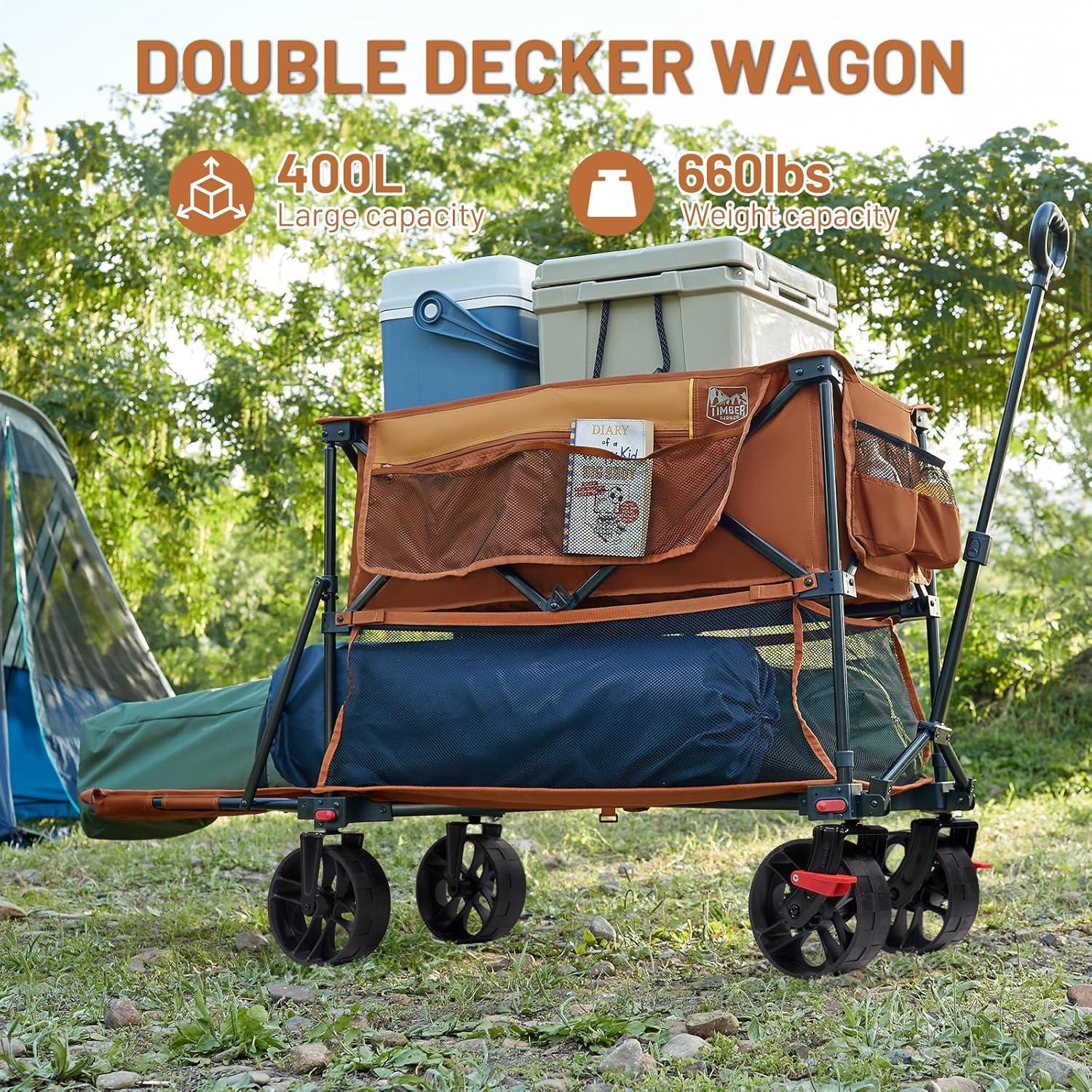 imageTIMBER RIDGE 400L Large Capacity Folding Double Decker Wagon with Brakes 54quot Extra Long Extender Wagon Cart 660lbs Heavy Duty Collapsible Cart AllTerrain Big Wheels for Camping Sports ShoppingOrange With Brakes