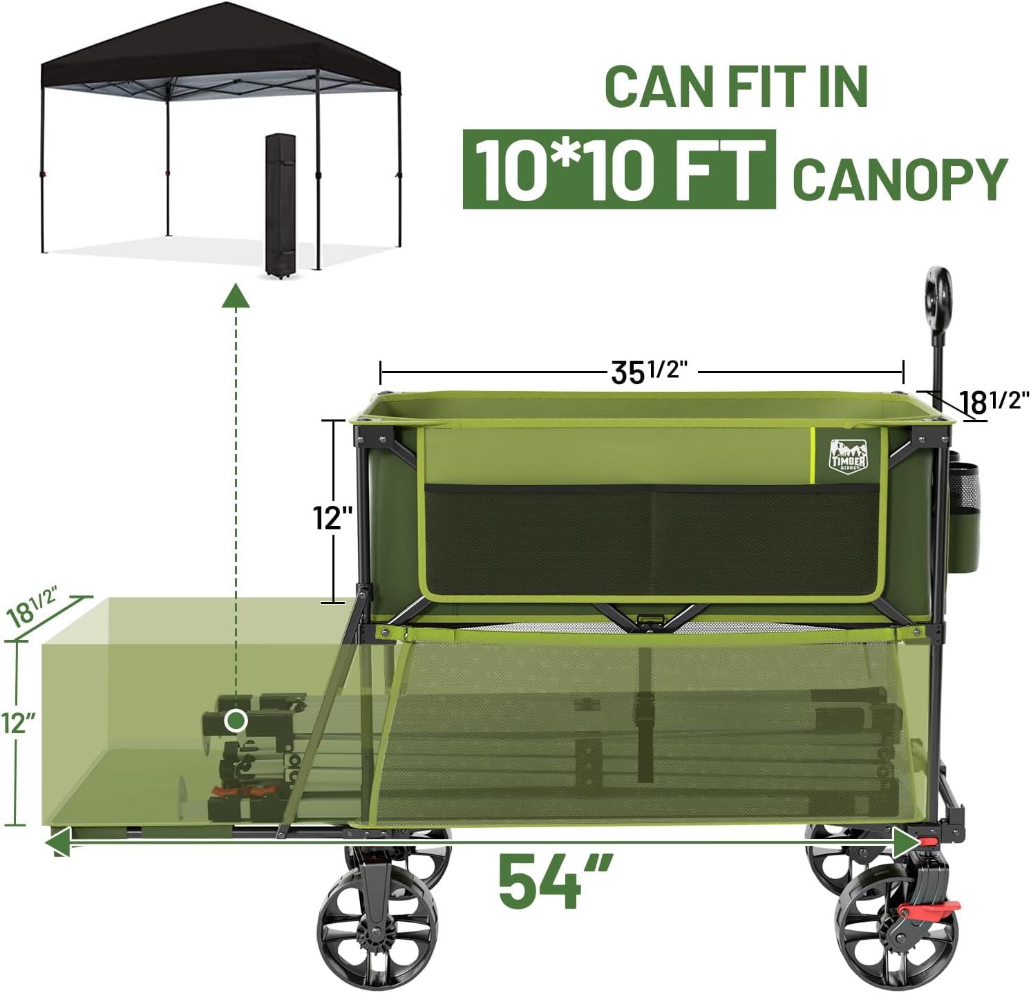 imageTIMBER RIDGE 400L Large Capacity Folding Double Decker Wagon with Brakes 54quot Extra Long Extender Wagon Cart 660lbs Heavy Duty Collapsible Cart AllTerrain Big Wheels for Camping Sports ShoppingGreen With Brakes