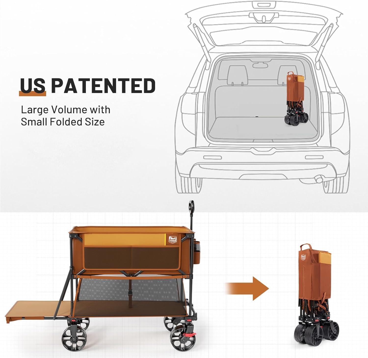 imageTIMBER RIDGE 400L Large Capacity Folding Double Decker Wagon with Brakes 54quot Extra Long Extender Wagon Cart 660lbs Heavy Duty Collapsible Cart AllTerrain Big Wheels for Camping Sports ShoppingOrange With Brakes