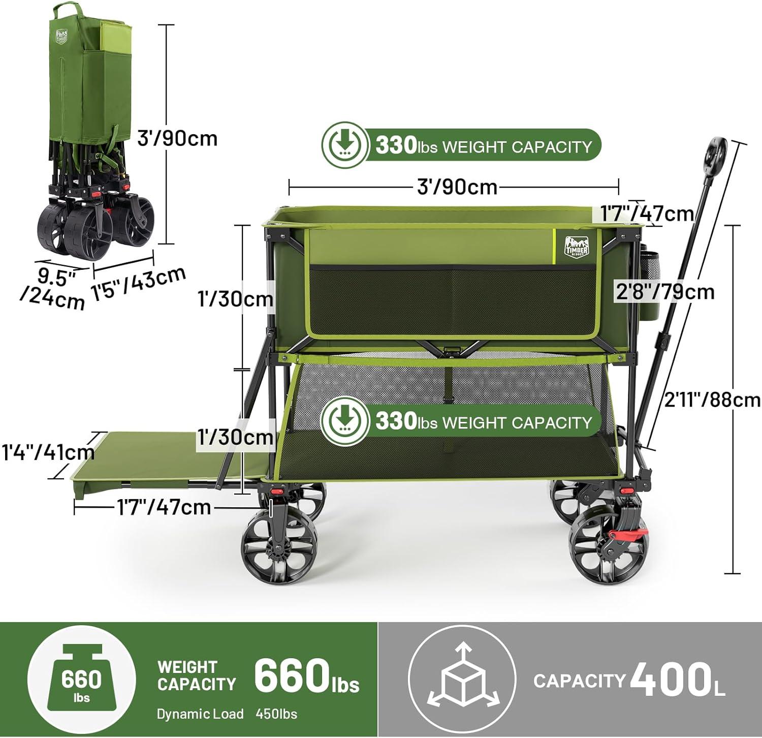 imageTIMBER RIDGE 400L Large Capacity Folding Double Decker Wagon with Brakes 54quot Extra Long Extender Wagon Cart 660lbs Heavy Duty Collapsible Cart AllTerrain Big Wheels for Camping Sports ShoppingGreen With Brakes