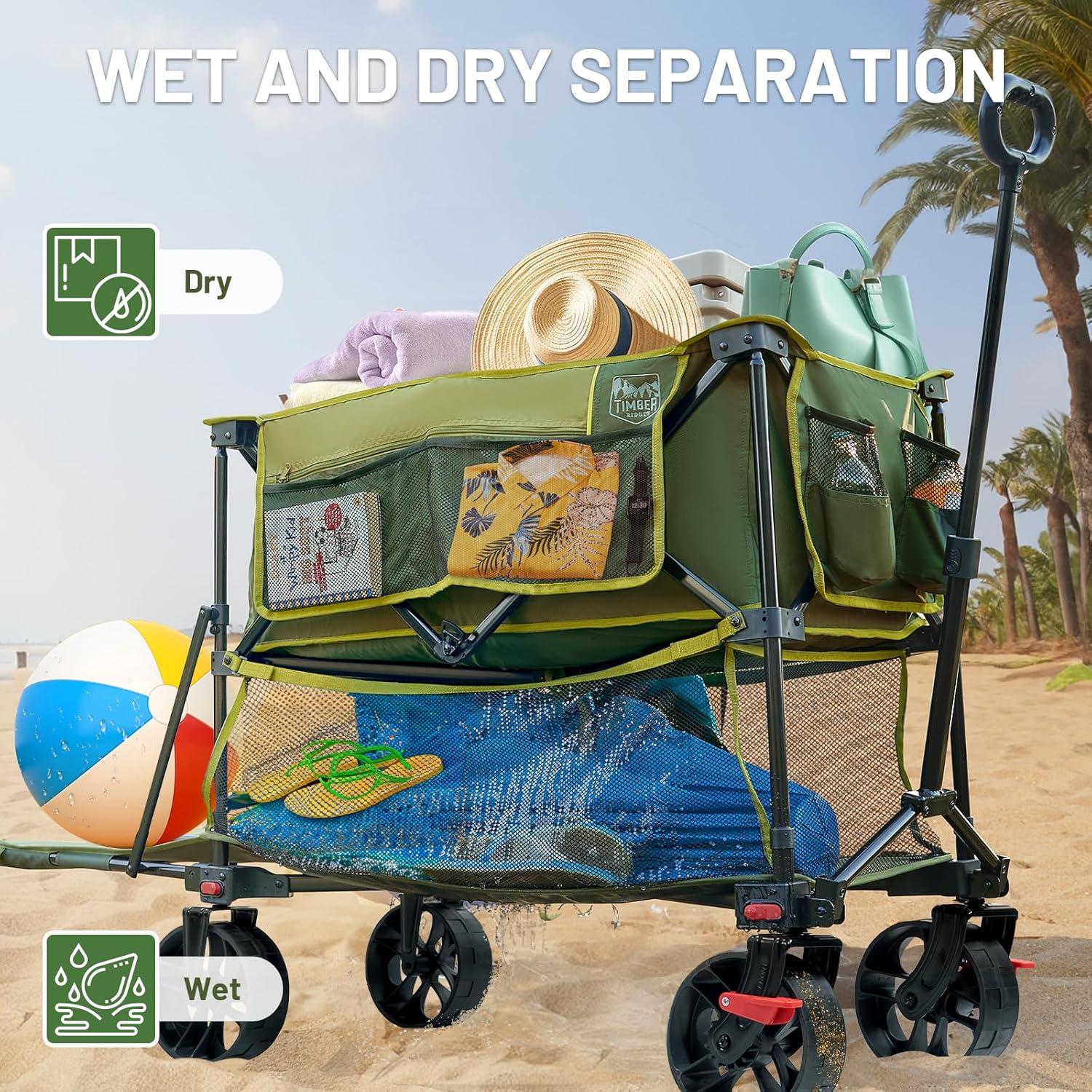imageTIMBER RIDGE 400L Large Capacity Folding Double Decker Wagon with Brakes 54quot Extra Long Extender Wagon Cart 660lbs Heavy Duty Collapsible Cart AllTerrain Big Wheels for Camping Sports ShoppingGreen With Brakes