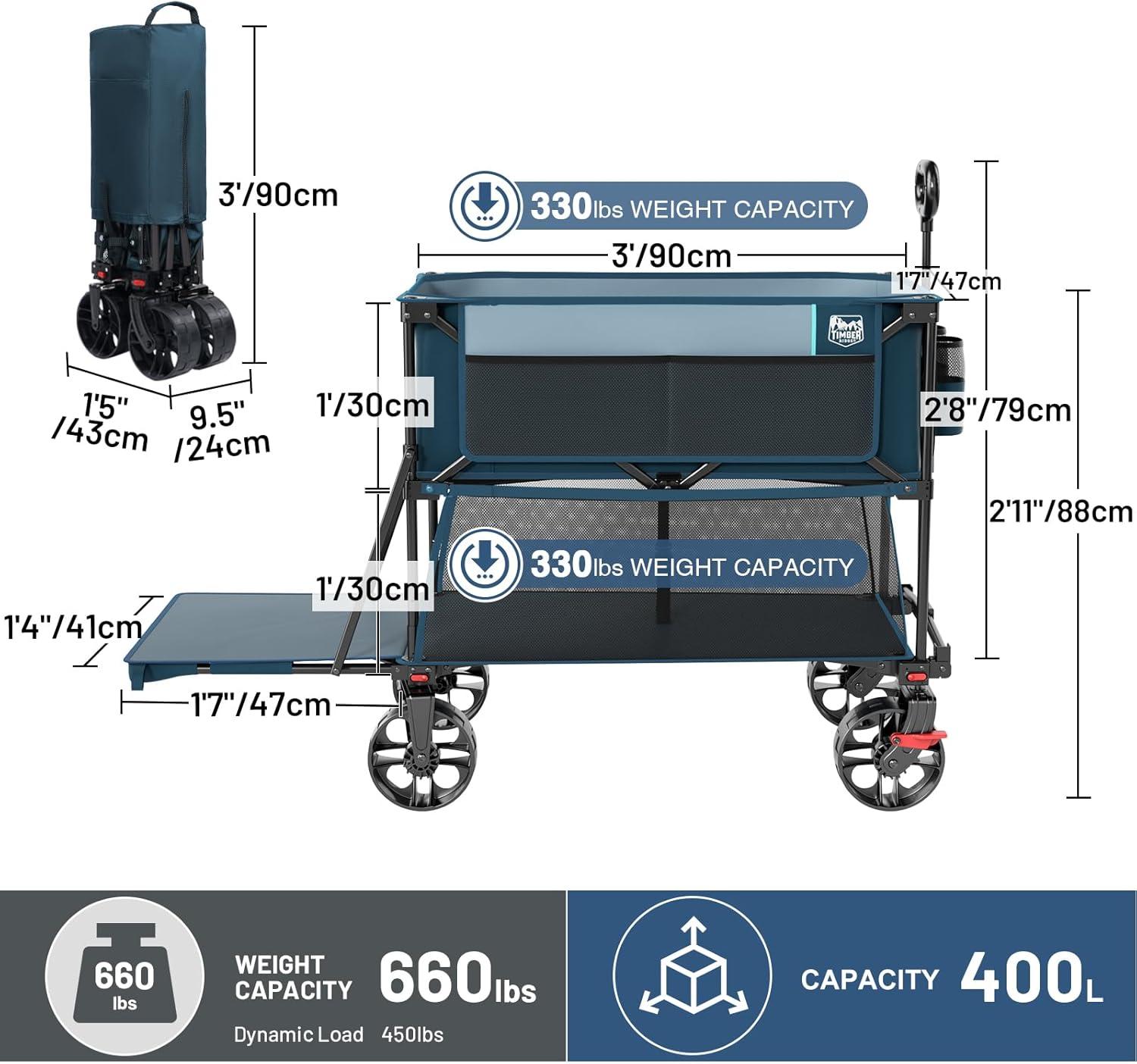 imageTIMBER RIDGE 400L Large Capacity Folding Double Decker Wagon with Brakes 54quot Extra Long Extender Wagon Cart 660lbs Heavy Duty Collapsible Cart AllTerrain Big Wheels for Camping Sports ShoppingBlue With Brakes
