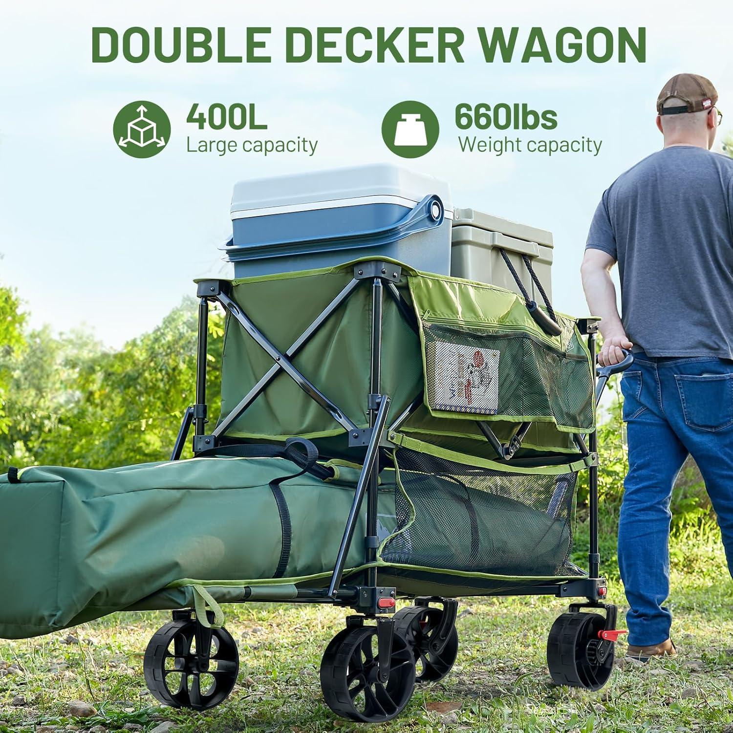 imageTIMBER RIDGE 400L Large Capacity Folding Double Decker Wagon with Brakes 54quot Extra Long Extender Wagon Cart 660lbs Heavy Duty Collapsible Cart AllTerrain Big Wheels for Camping Sports ShoppingGreen With Brakes