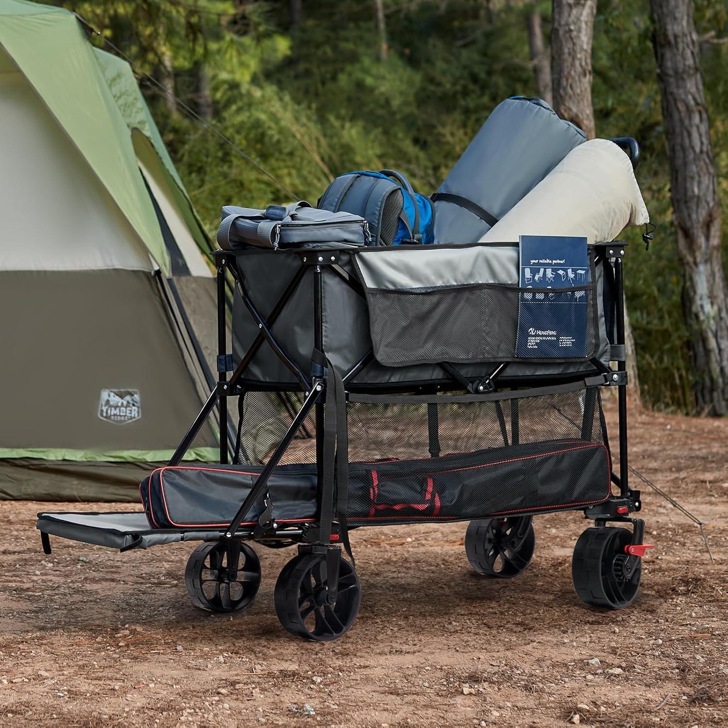 imageTIMBER RIDGE 400L Large Capacity Folding Double Decker Wagon with Brakes 54quot Extra Long Extender Wagon Cart 660lbs Heavy Duty Collapsible Cart AllTerrain Big Wheels for Camping Sports ShoppingGray With Brakes