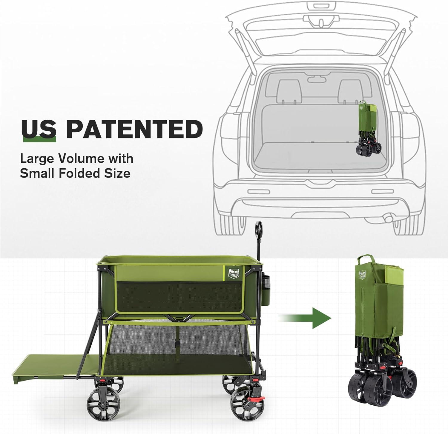 imageTIMBER RIDGE 400L Large Capacity Folding Double Decker Wagon with Brakes 54quot Extra Long Extender Wagon Cart 660lbs Heavy Duty Collapsible Cart AllTerrain Big Wheels for Camping Sports ShoppingGreen With Brakes