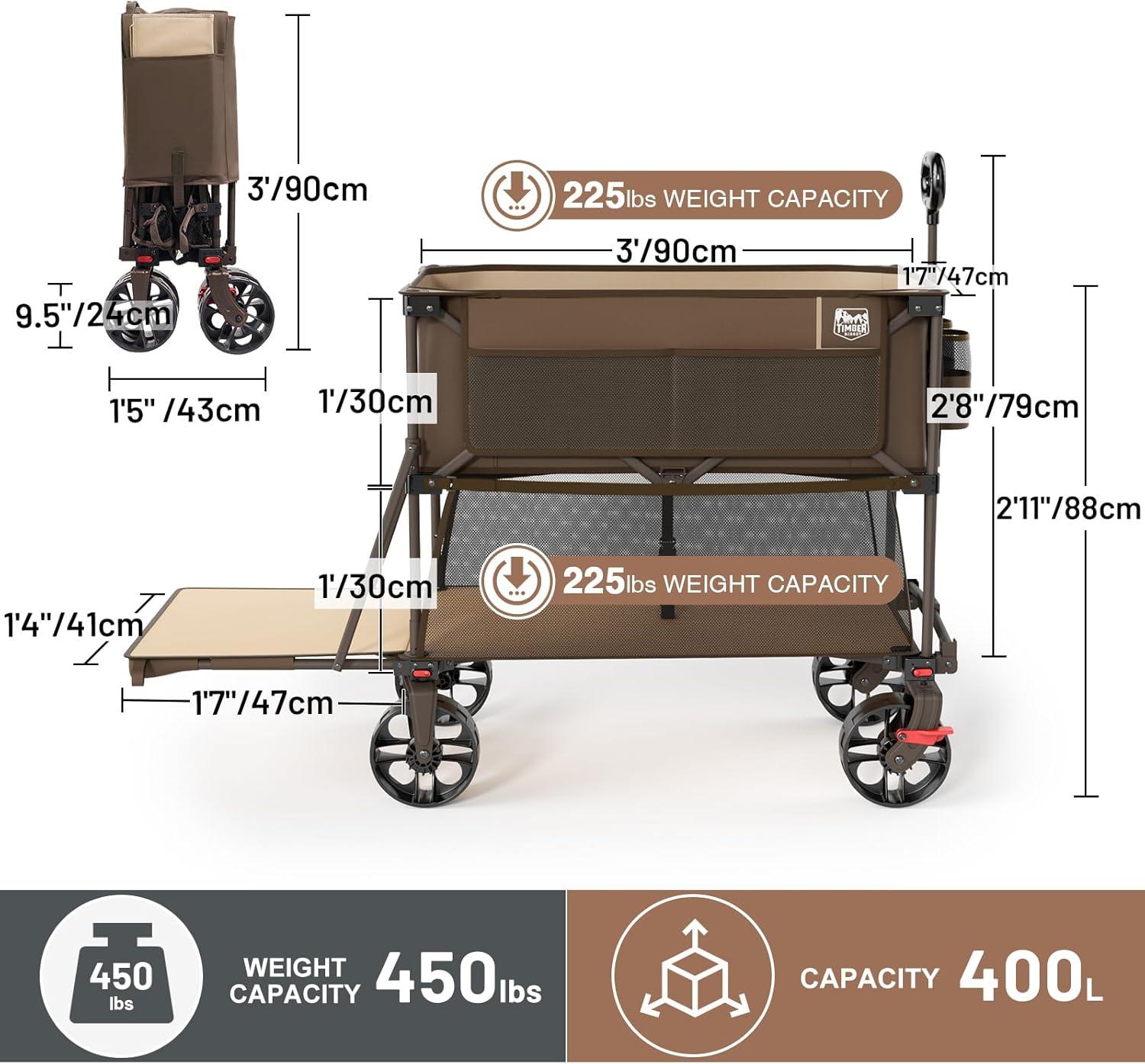 imageTIMBER RIDGE 400L Large Capacity Folding Double Decker Wagon with Brakes 54quot Extra Long Extender Wagon Cart 660lbs Heavy Duty Collapsible Cart AllTerrain Big Wheels for Camping Sports ShoppingTan With Brakes