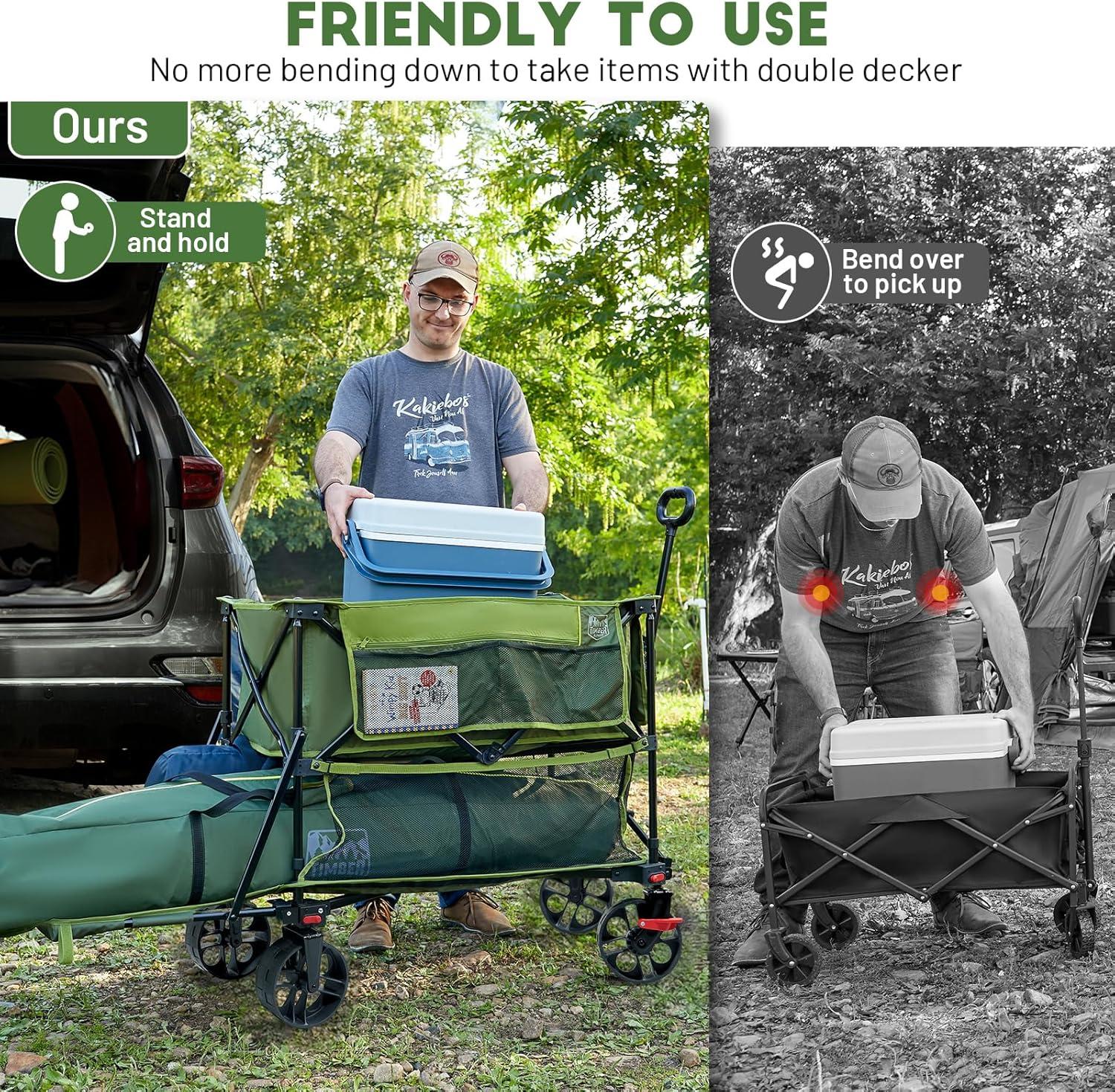 imageTIMBER RIDGE 400L Large Capacity Folding Double Decker Wagon with Brakes 54quot Extra Long Extender Wagon Cart 660lbs Heavy Duty Collapsible Cart AllTerrain Big Wheels for Camping Sports ShoppingGreen With Brakes