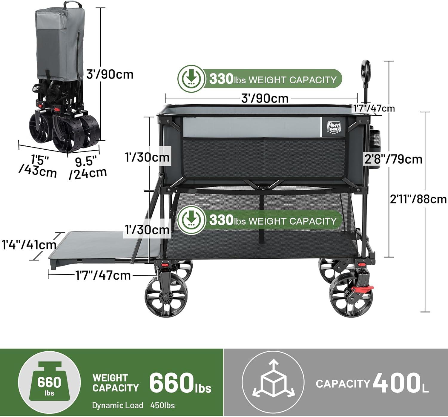imageTIMBER RIDGE 400L Large Capacity Folding Double Decker Wagon with Brakes 54quot Extra Long Extender Wagon Cart 660lbs Heavy Duty Collapsible Cart AllTerrain Big Wheels for Camping Sports ShoppingGray With Brakes