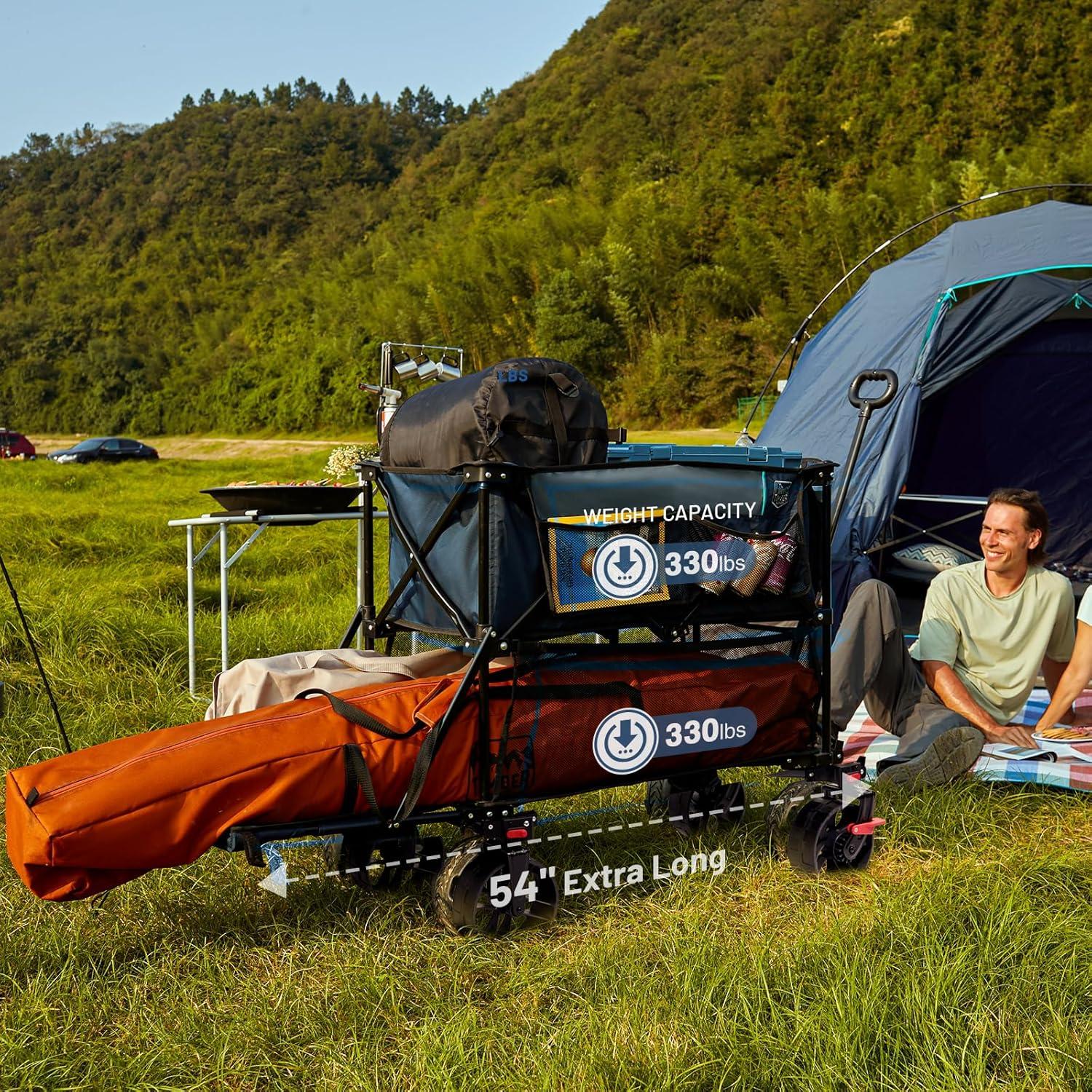 imageTIMBER RIDGE 400L Large Capacity Folding Double Decker Wagon with Brakes 54quot Extra Long Extender Wagon Cart 660lbs Heavy Duty Collapsible Cart AllTerrain Big Wheels for Camping Sports ShoppingBlue With Brakes