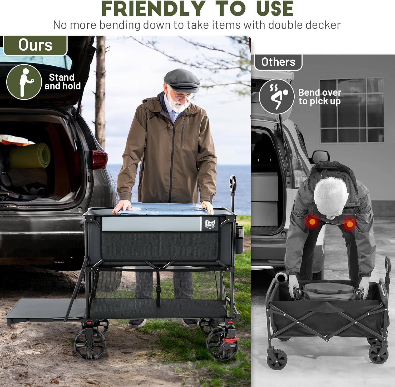 imageTIMBER RIDGE 400L Large Capacity Folding Double Decker Wagon with Brakes 54quot Extra Long Extender Wagon Cart 660lbs Heavy Duty Collapsible Cart AllTerrain Big Wheels for Camping Sports ShoppingGray With Brakes