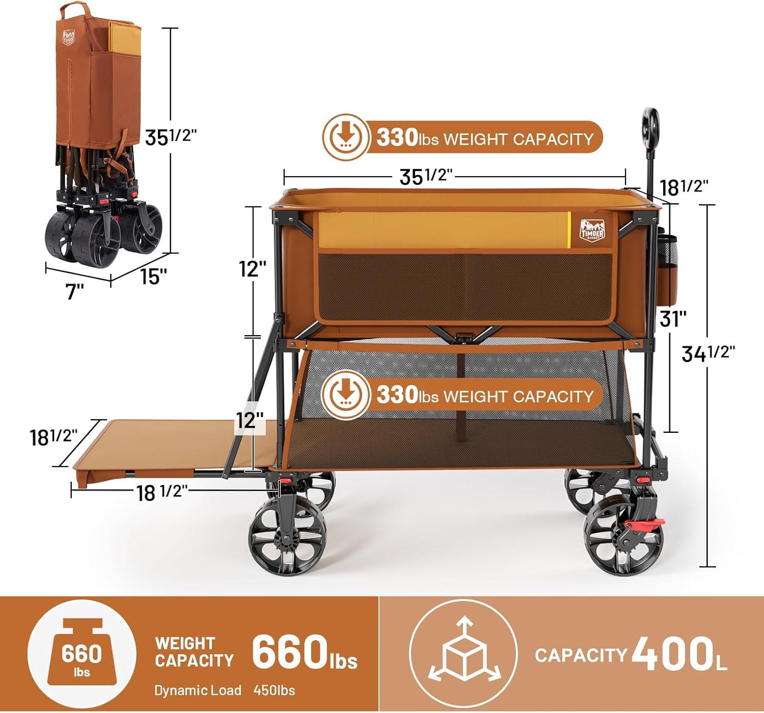 imageTIMBER RIDGE 400L Large Capacity Folding Double Decker Wagon with Brakes 54quot Extra Long Extender Wagon Cart 660lbs Heavy Duty Collapsible Cart AllTerrain Big Wheels for Camping Sports ShoppingOrange With Brakes