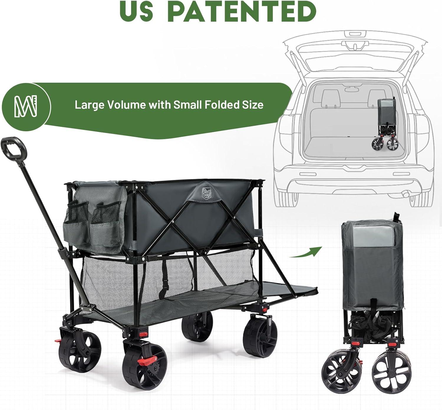 imageTIMBER RIDGE 400L Large Capacity Folding Double Decker Wagon with Brakes 54quot Extra Long Extender Wagon Cart 660lbs Heavy Duty Collapsible Cart AllTerrain Big Wheels for Camping Sports ShoppingGray With Brakes