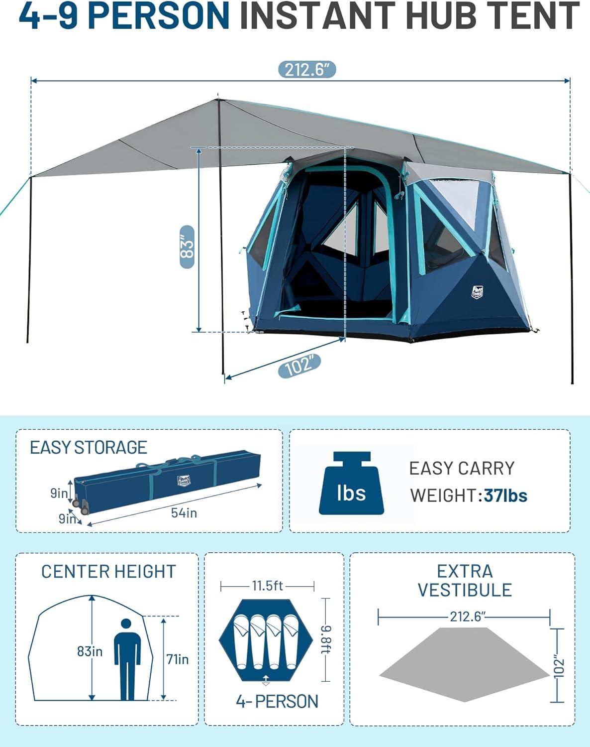 imageTIMBER RIDGE 468 Person Instant Pop Up Cabin Tent Easy 60 Second Setup Weather Resistant Camping Family Hub Tent with Rain Fly and Carry Bag for Outdoor CampingBlue