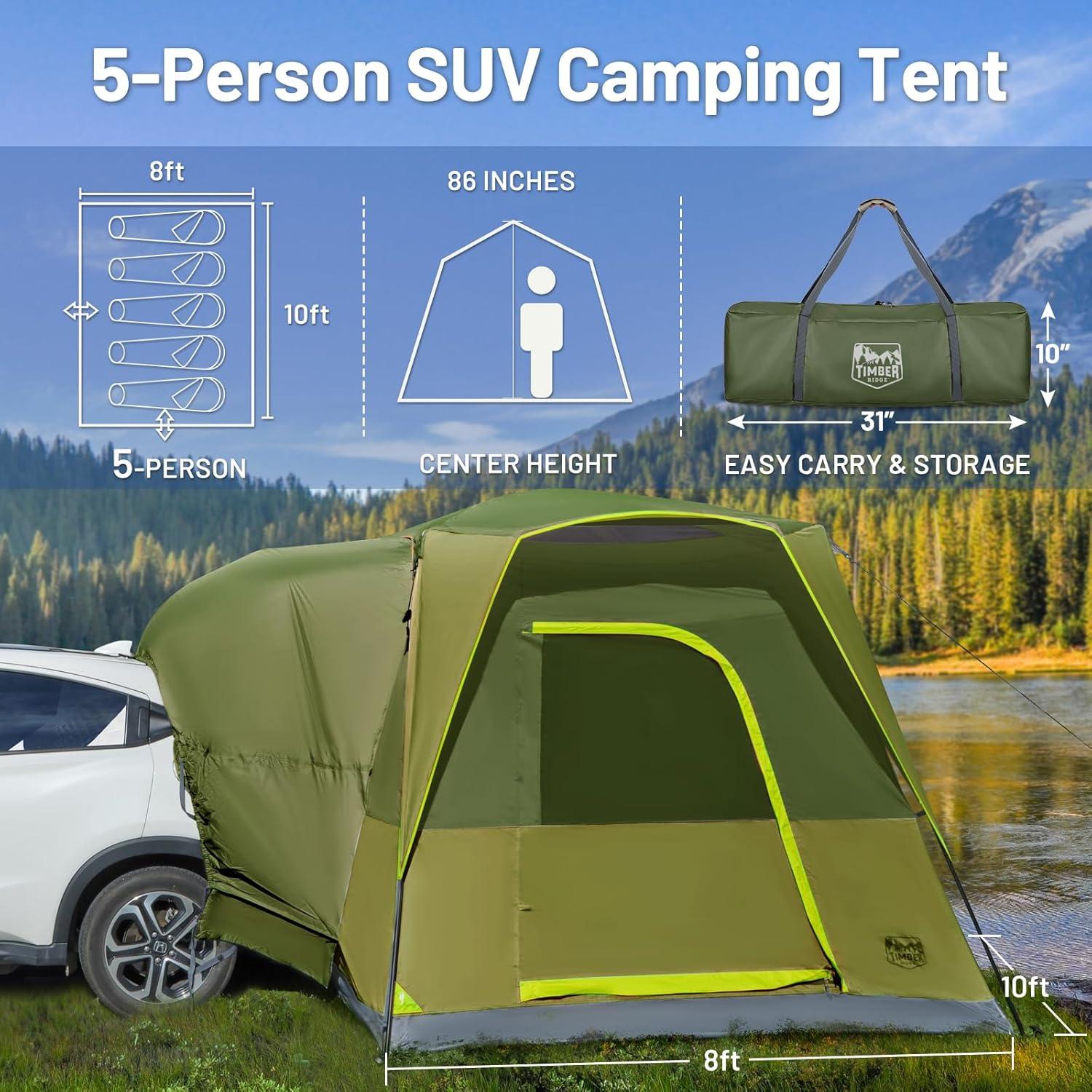 imageTIMBER RIDGE 5 Person SUV Tent Weather Resistant Portable for Car SUV Van Camping Includes Rainfly and Storage Bag 10 W X 8 L X 71 HGreen with Movie Screen