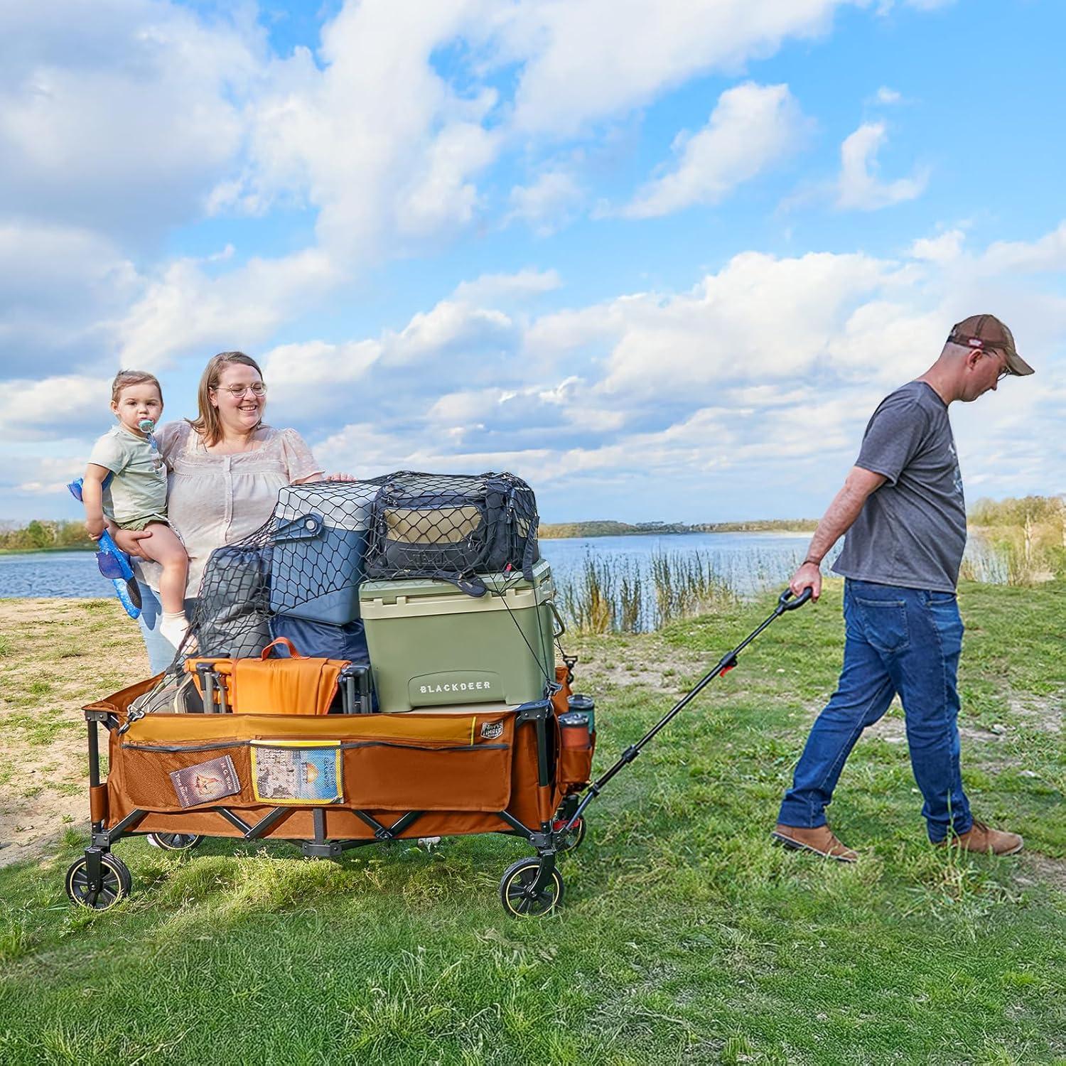 imageTIMBER RIDGE 512 Extended Collapsible Wagon Cart with Brakes and Cargo Net 350LBS Heavy Duty Foldable Utility Wagon with Adjustable Handle 400L Capacity Portable Cart for Camping Sports ShoppingOrange