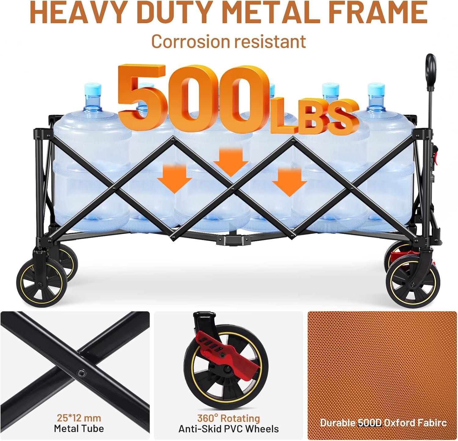 imageTIMBER RIDGE 512 Extended Collapsible Wagon Cart with Brakes and Cargo Net 350LBS Heavy Duty Foldable Utility Wagon with Adjustable Handle 400L Capacity Portable Cart for Camping Sports ShoppingOrange